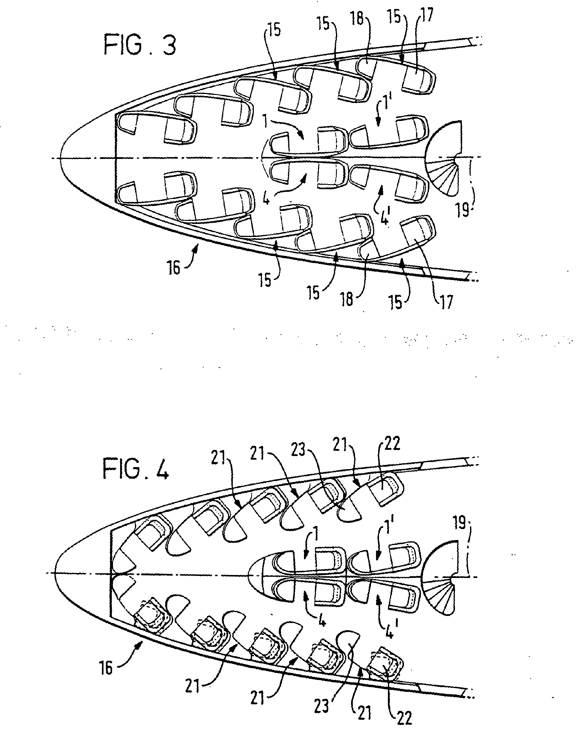Two line drawing figures of the layout of a Boeing 747 nose cabin, looking down from above. Fig 3 on the top has outward-facing herringbones by the windows, while Fig 4 has inward-facing ones. The four in the centre are mostly forward facing.