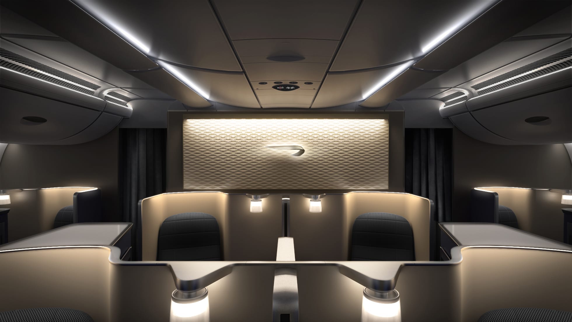 Interior, airline cabin. Looking straight backwards from the centre point of the penultimate row of seats in the cabin at the last row and a rippled lit feature wall. There are four seats per row, with a very smooth plastic beige aesthetic, and just some dark blue accents on the seat fabrics.