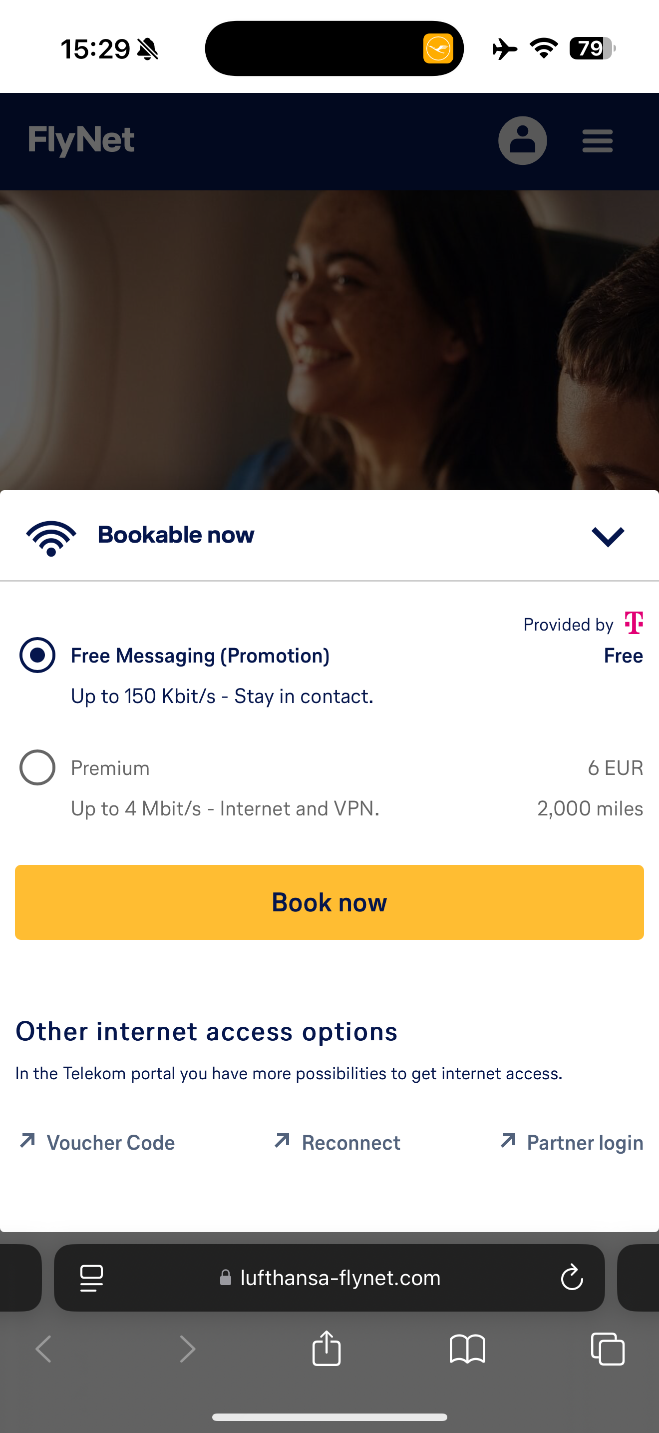 Screenshot, Lufthansa app. It shows a free messaging option "Provided by [T-Mobile logo]" for up to 150 Kbit/s, or a Premium option for 6 EUR or 2,000 miles for up to 4 Mbit/s.