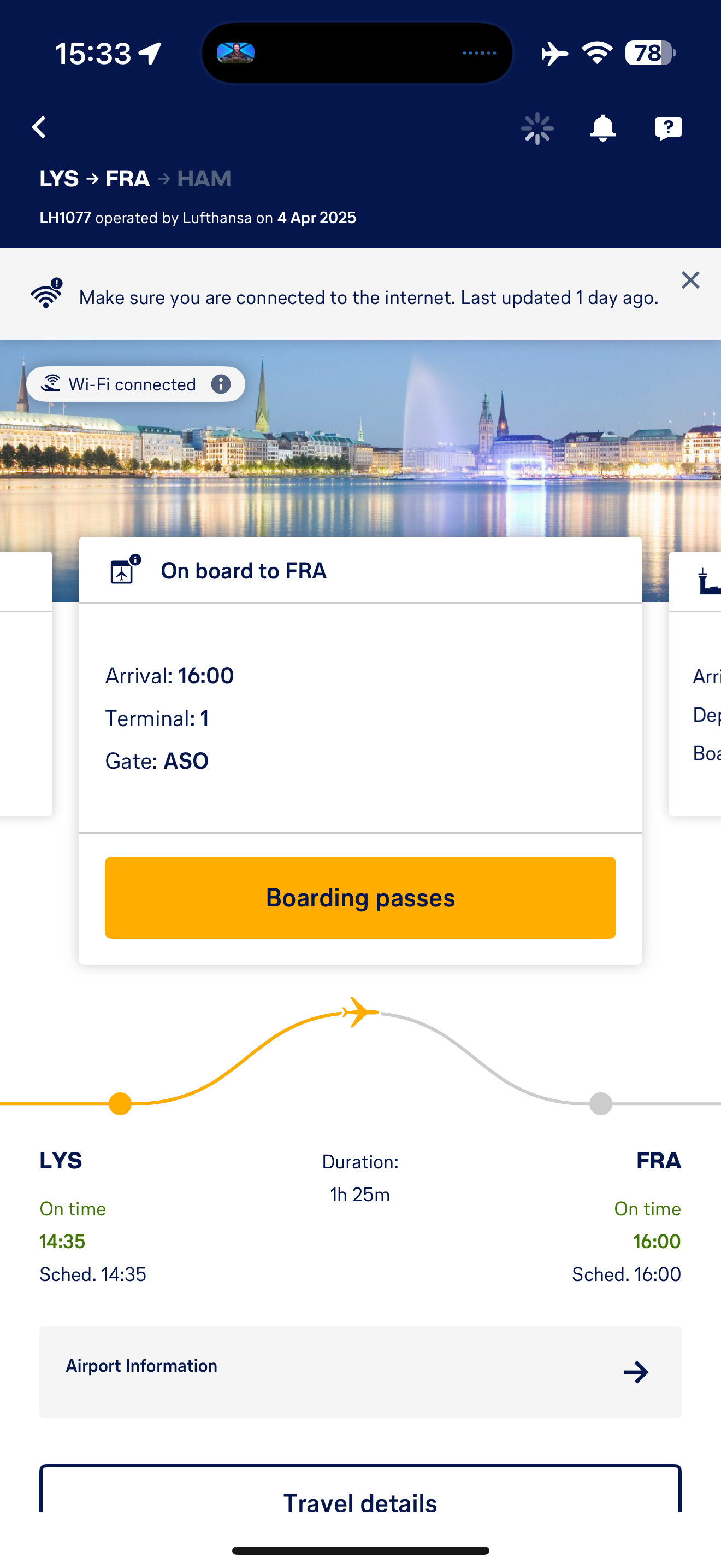 Screenshot of the Lufthansa app, showing an "On board to FRA" panel plus timing details, with the Gate shown as "ASO". Notably, it shows as both "Wi-Fi connected" and a notification stating it is not connected to the Internet.