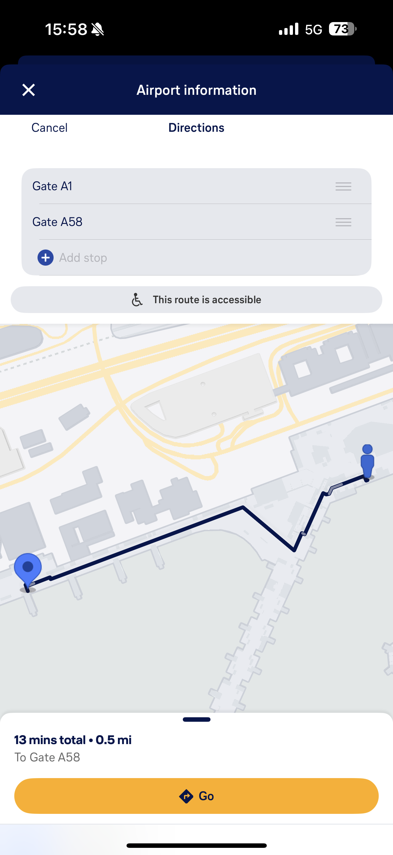 Screenshot of the Lufthansa App, showing the pathway from Gate A1 to Gate A58 through an airport (it's Frankfurt), plus a "13 minutes total • 0.5mi" note, with a bubble that "This route is accessible".