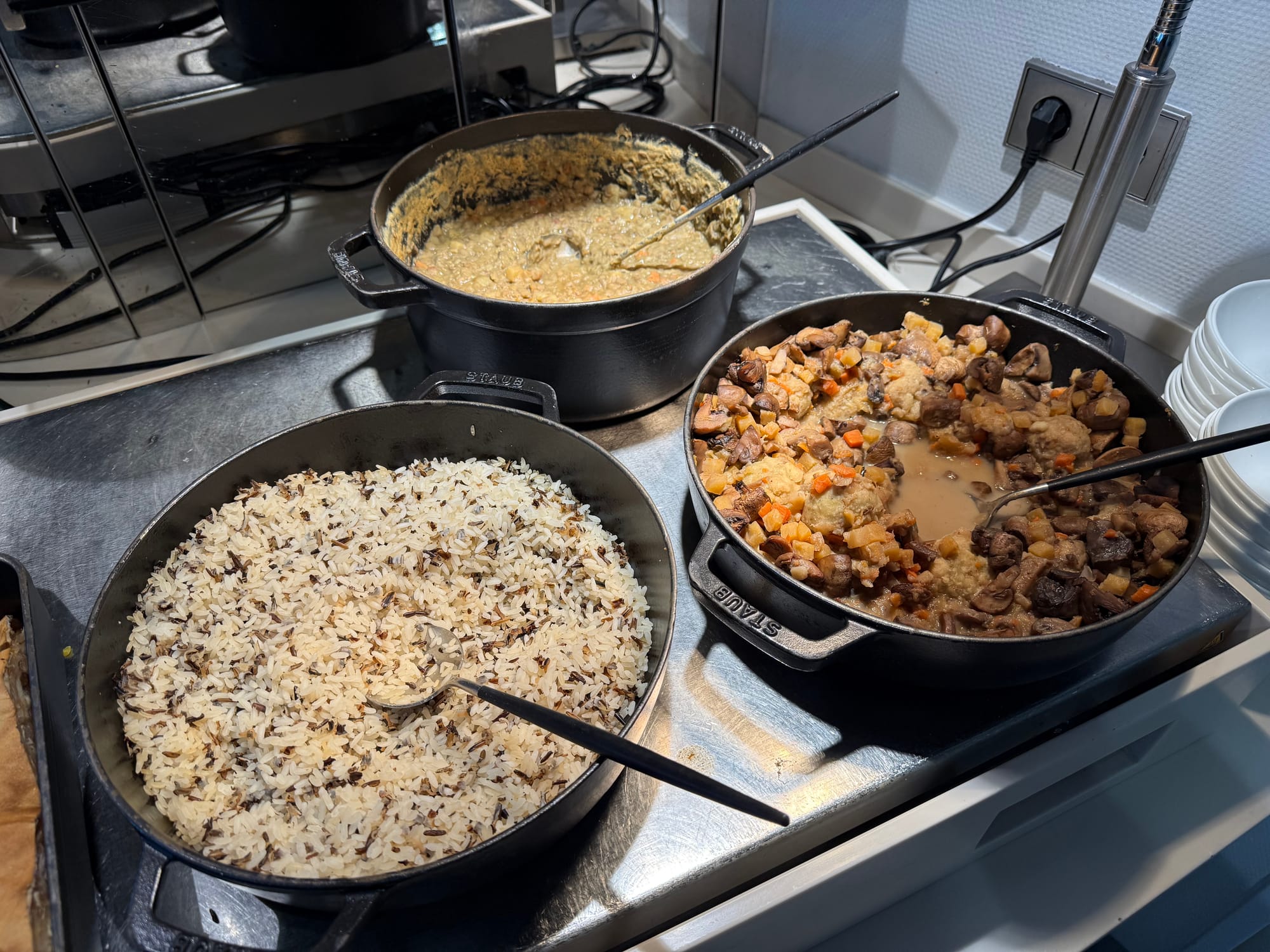 Three uncovered large black Staub cast iron pots. on a heating surface. They contain beige and brown mixed rices, brown slop that looks a little like overcooked lentils that is caked onto the side of the upper third of the pot, and a watery stew of mushrooms.
