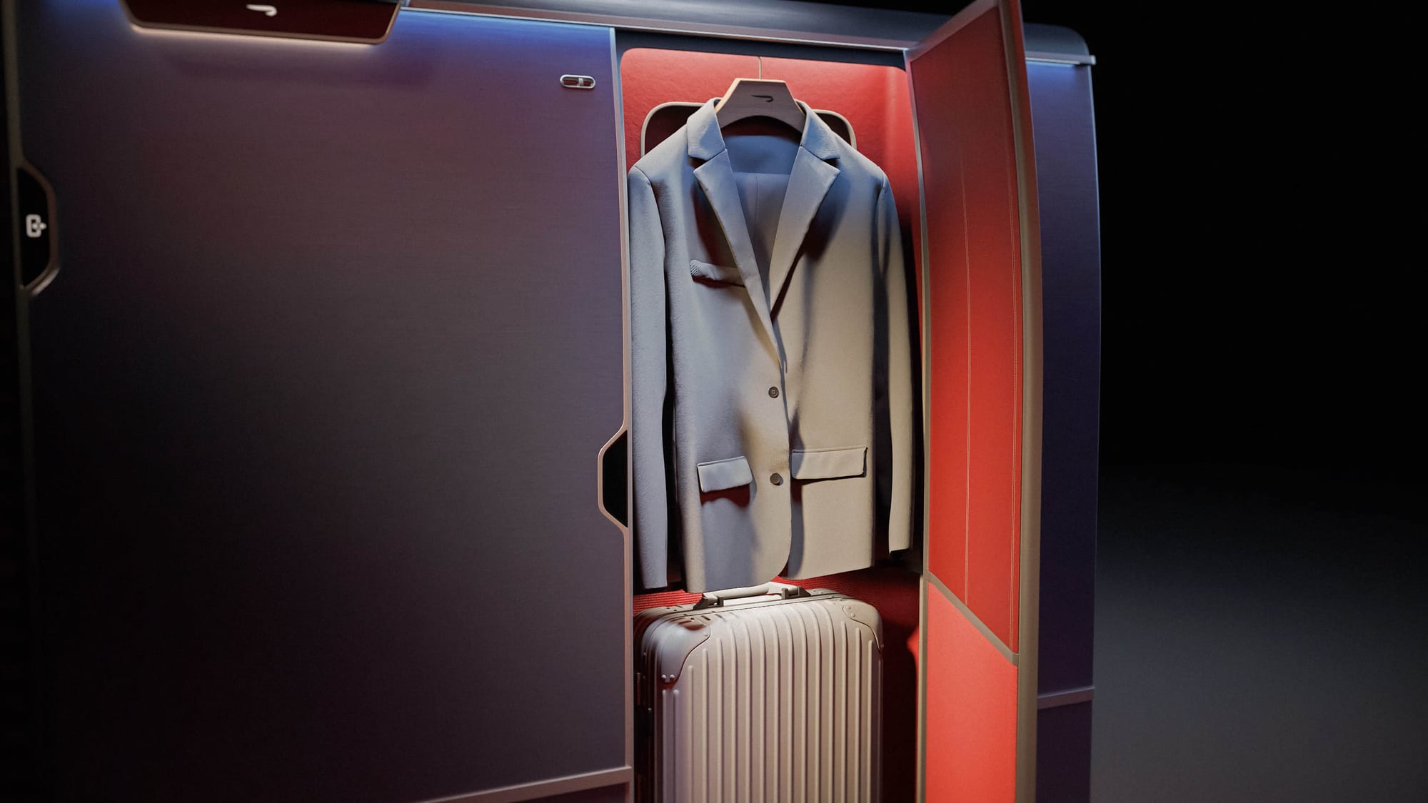 Isolated suite exterior in a rendering, outside of the cabin context. A door extends almost the entire height of the suite wall, creating a closet that allows a large rollaboard bag and a suite jacket to be hung inside. The inside of the closet is the same bright red as the handbag storage.