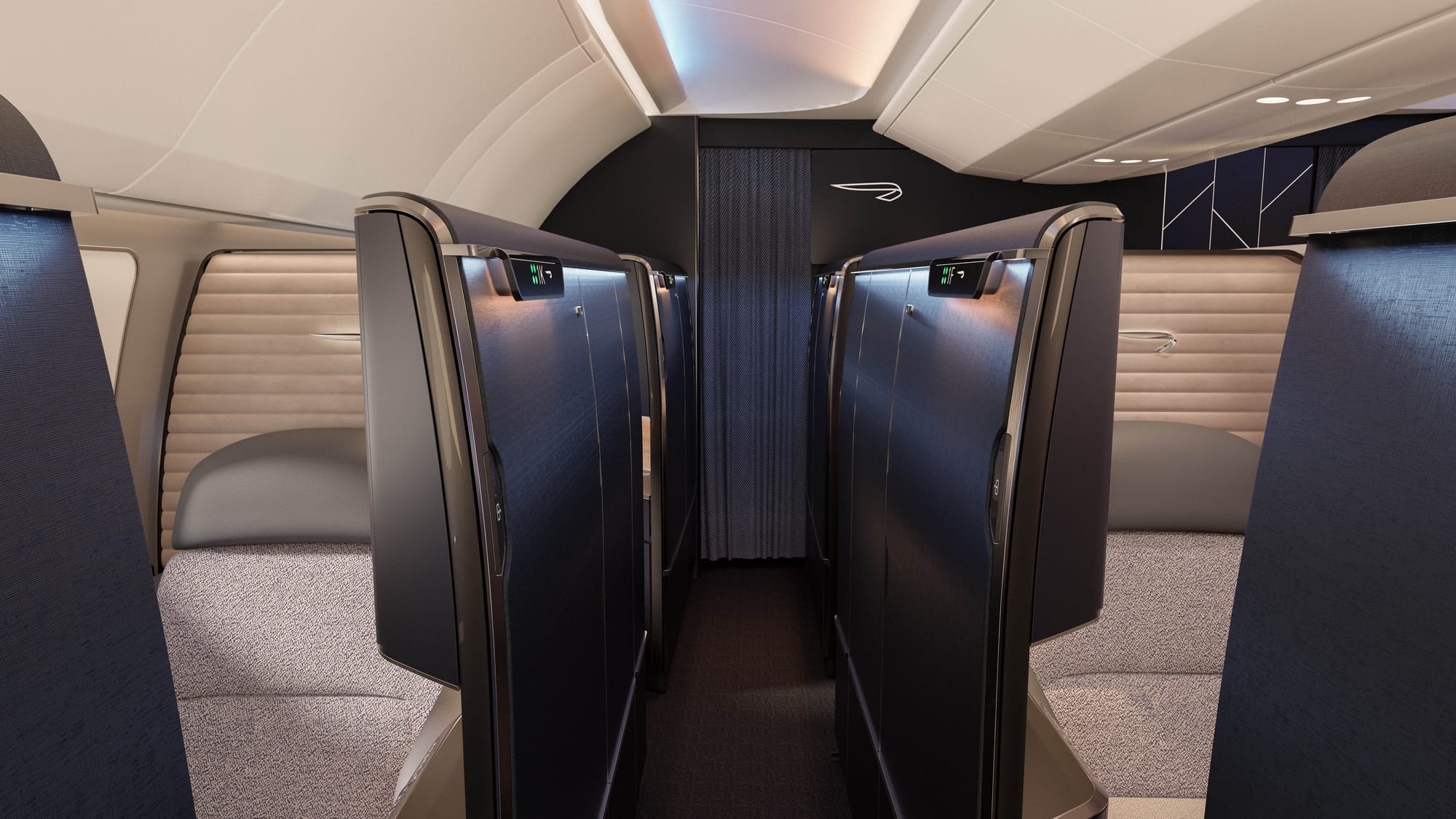 Interior, aircraft cabin. Lighting is daytime/daytime effect. Viewpoint is the right-hand-side aisle, about chest height for a person of around 5'10" (1.78m), slightly below the line of the top of the doors. The angle is looking backwards at two rows of seats, with only the front row visible through the open doors, which are about 2-3" thick at their narrowest point and 7-8" thick at their widest, above. The outer suite is a textured linen-effect in dark blue.