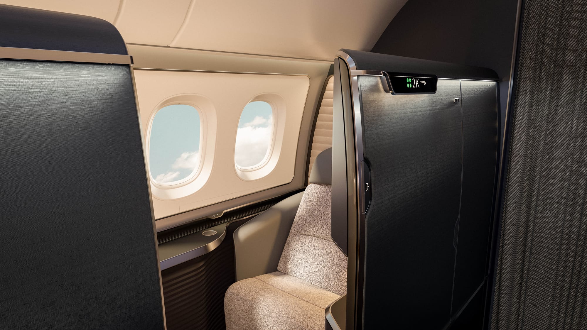 Interior, airline cabin. Lighting is daytime. Viewpoint looks at the rear right-hand-side suite, marked 2K, from slightly ahead of the door, and with the eyeline slightly below the door.