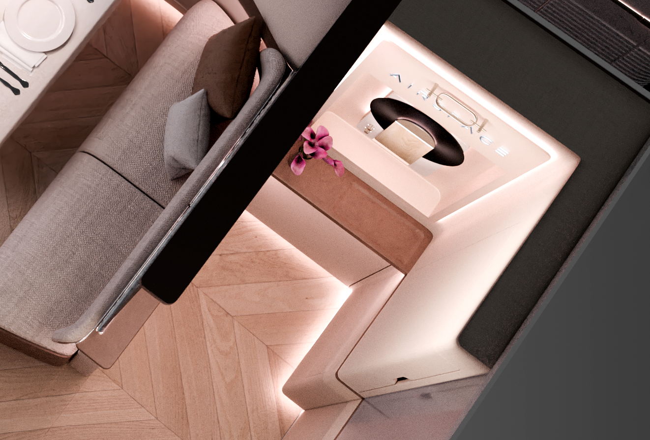 Rendering of the suite changing room area, zooming in on the sort of LP player apparatus, a side cupboard and a small surface for, one presumes, a makeup bag.