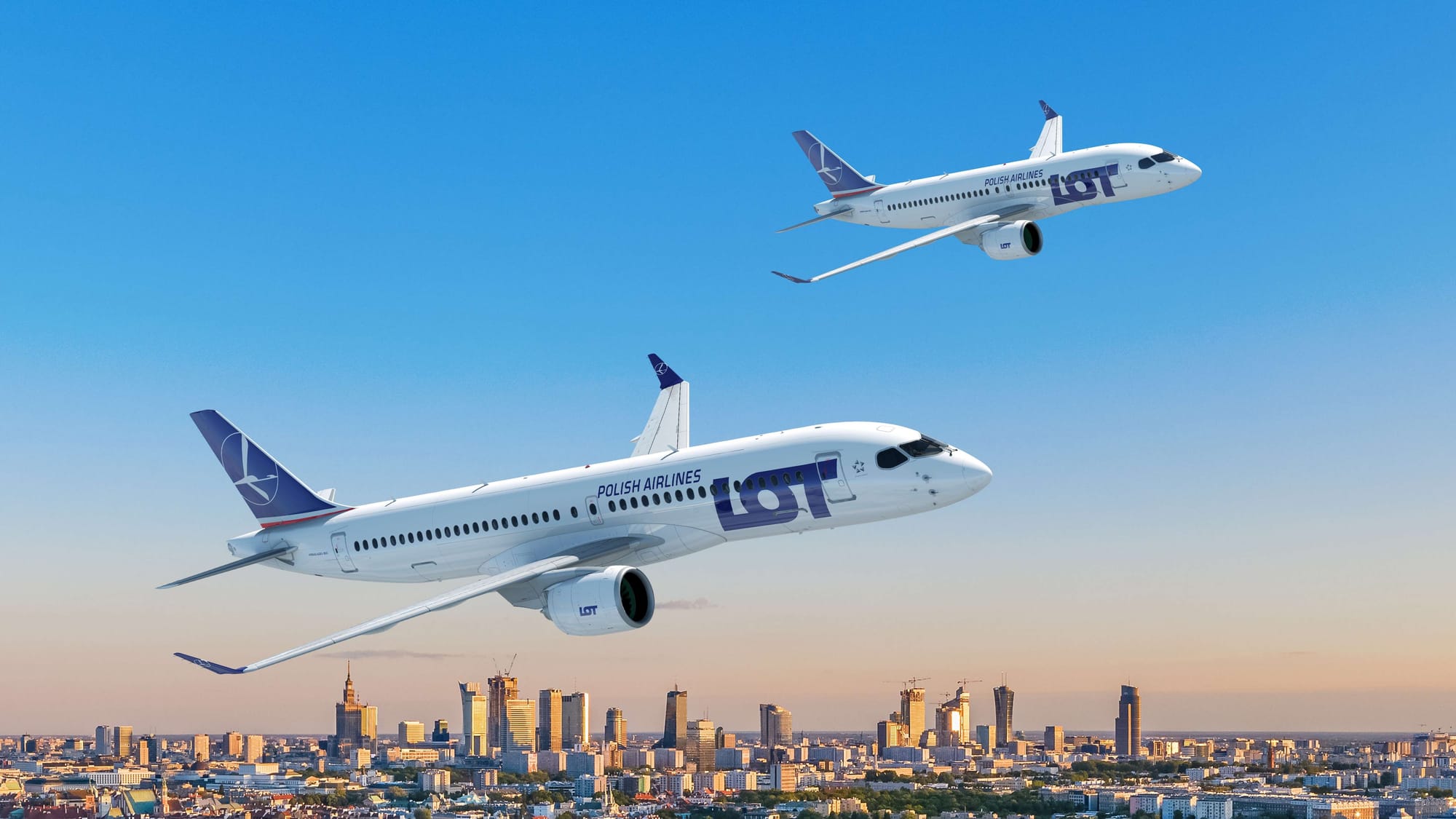 Rendering: An A220-100 and -300 in LOT livery over Warsaw