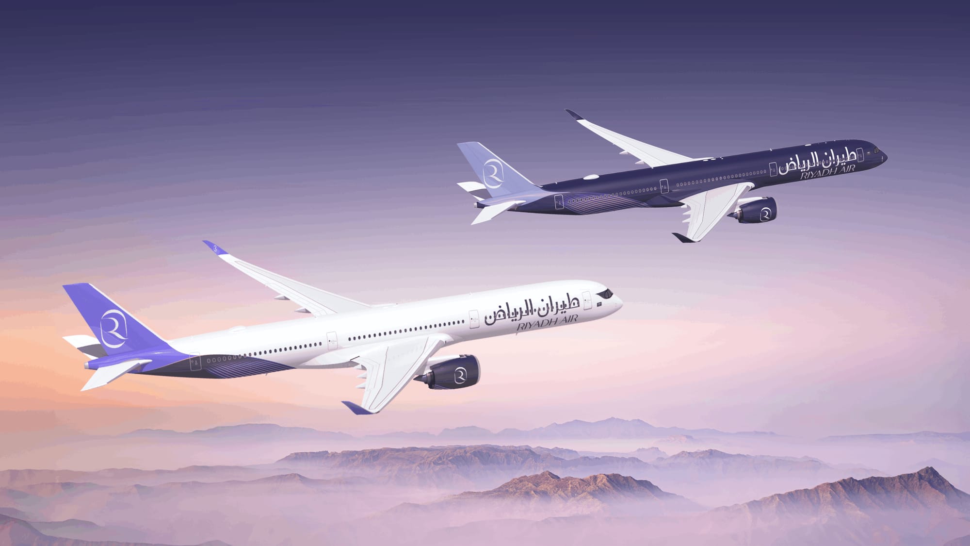 Rendering: two Riyadh Air A350s flying above mountans. One has a mostly white livery, one has a mostly navy livery.