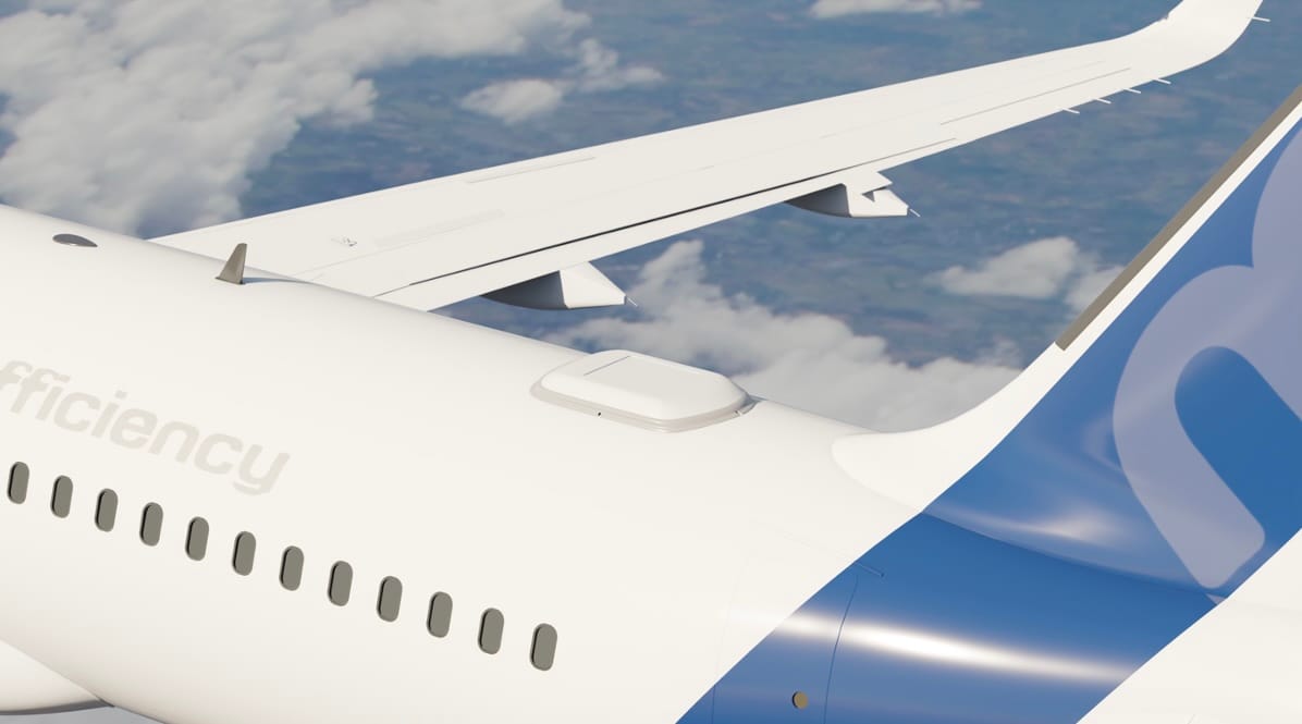 A small satcom terminal radome on top of what looks like an A320neo.