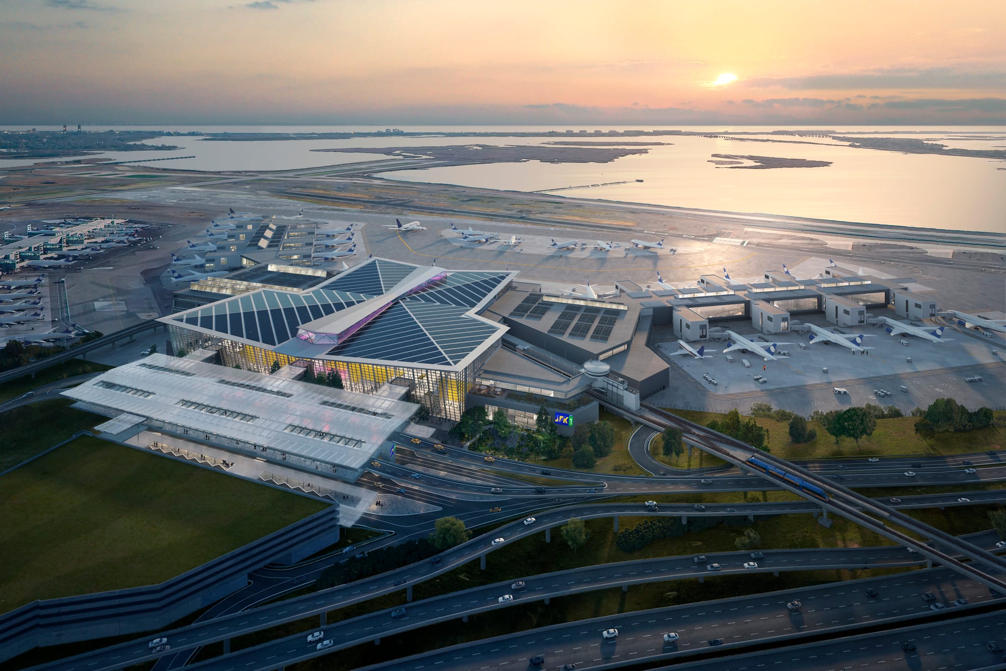 Overhead oblique rendering of JFK airport's new terminal one, a large U-shaped terminal overlooking the water.
