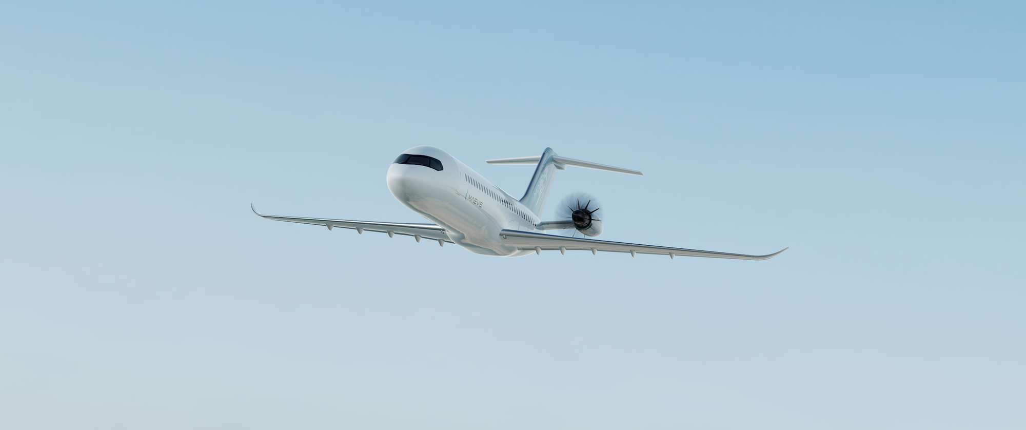 Rendering: MAEVE Jet in flight. It is a T-tail narrowbody with open rotor engines at the rear.