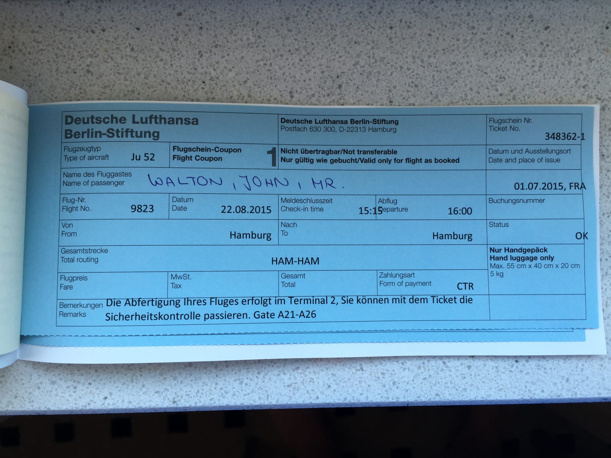 Boarding pass for the Ju 52 for WALTON, JOHN, MR on flight 9823 on 22.08.2014 from Hamburg to Hamburg