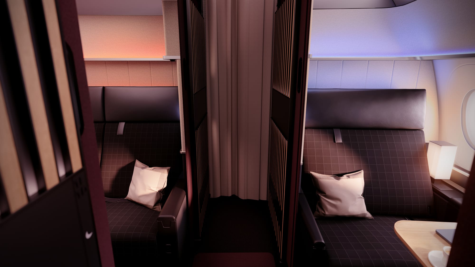 Interior rendering, Swiss first class, FICE generation, A350. Looking back on the window and centre suites from the left-hand aisle. The aesthetic is dark reds and neutrals.
