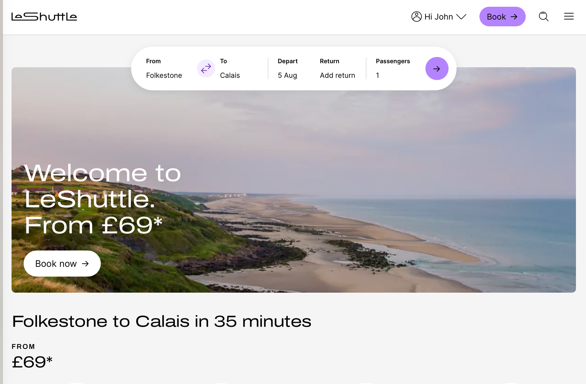 Screenshot, LeShuttle website, with ad: "Welcome to LeShuttle. From £69*"