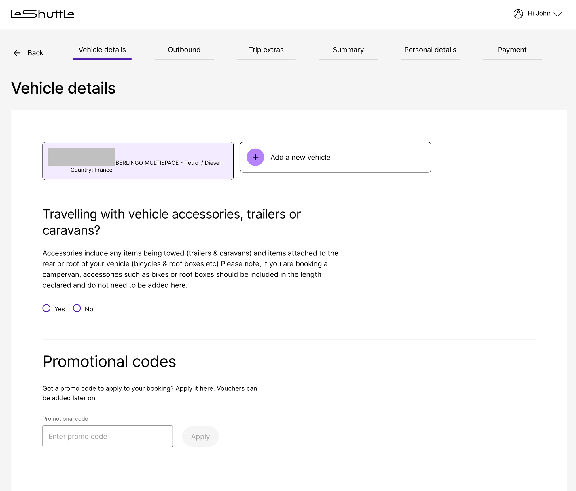 Screenshot of LeShuttle site. Section: Vehicle details. A redacted section for a vehicle shows "BERLINGO MULTISPACE - Petrol / Diesel - Country: France". Below it is an option for travelling with vehicle accessories, trailers or caravans.