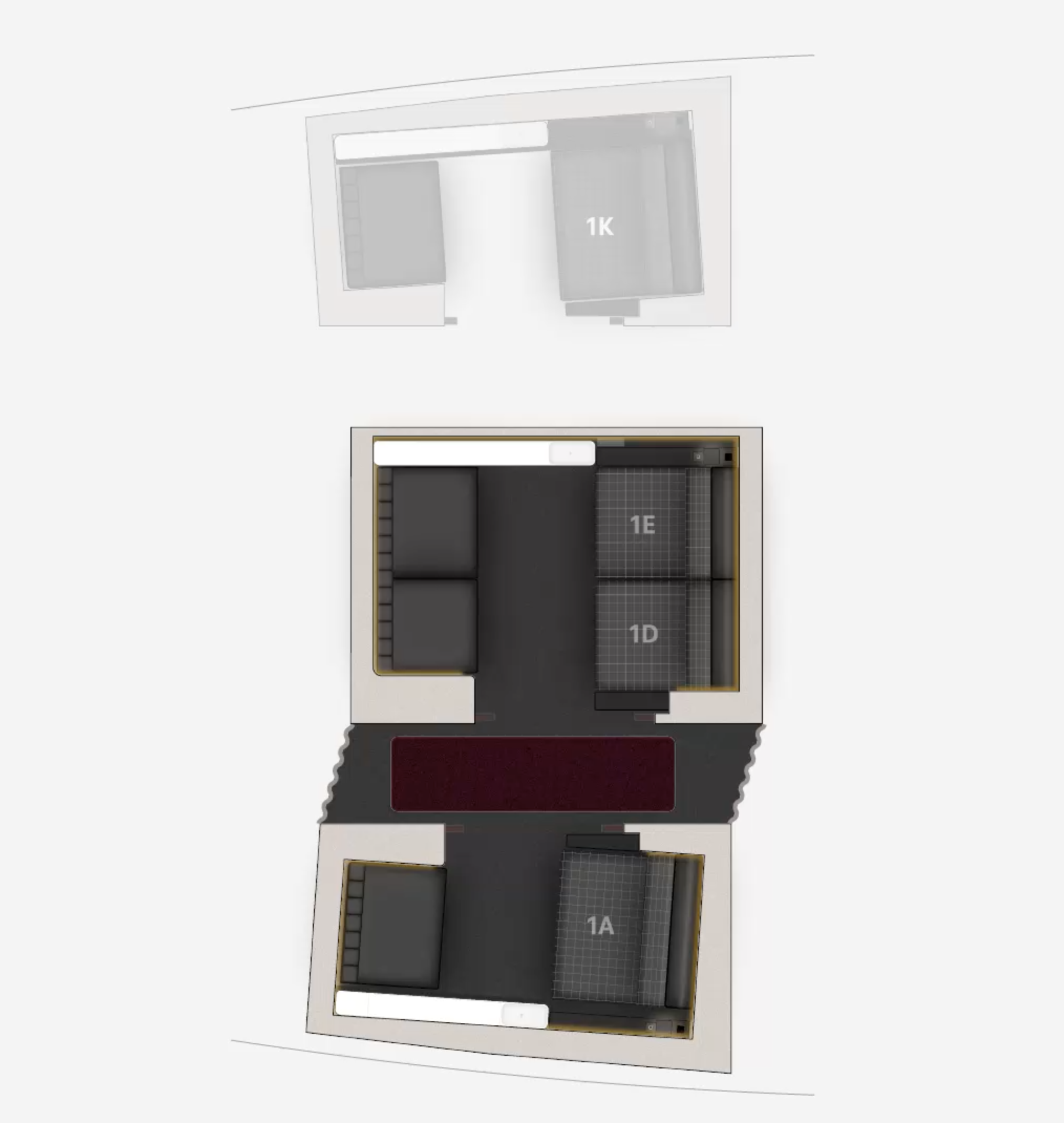 Overhead rendering of the 3.5 suites, with 1A and 1D/1E in full colour and 1K greyed out.