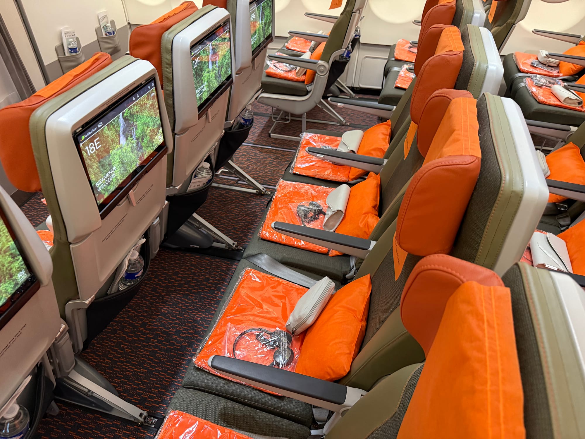 Interior, economy class cabin, focus on seats. Green covers in fabric and leather, orange headrests/pillows/blankets, big screens.