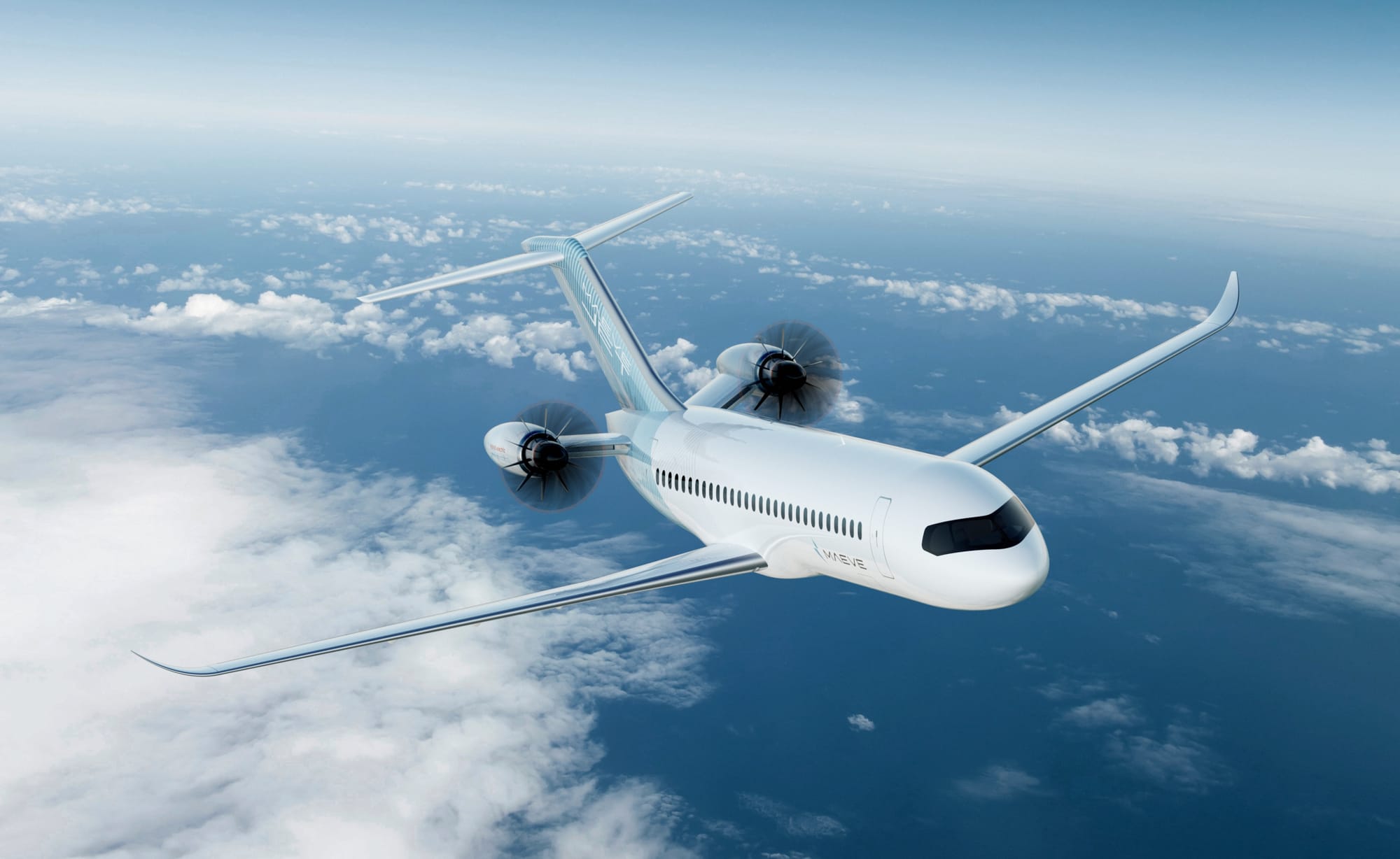In-air rendering: A rear-engined T-tailed aircraft, looking around the size of an A220, with open rotor turbofans mounted aft.