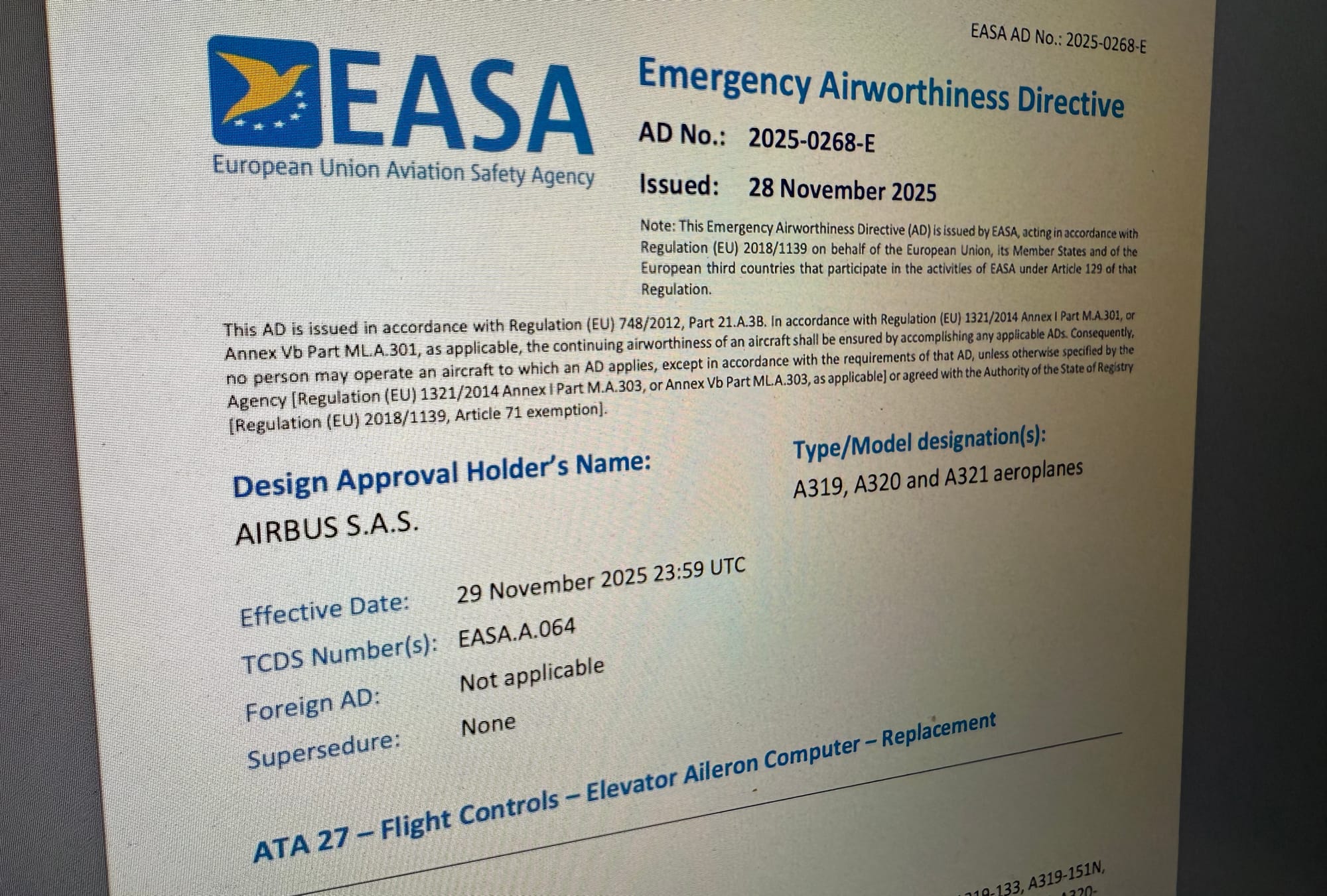 A photo of an Emergency Airworthiness Directive for the A319, A320 and A321: ATA 27 – Flight Controls – Elevator Aileron Computer – Replacement