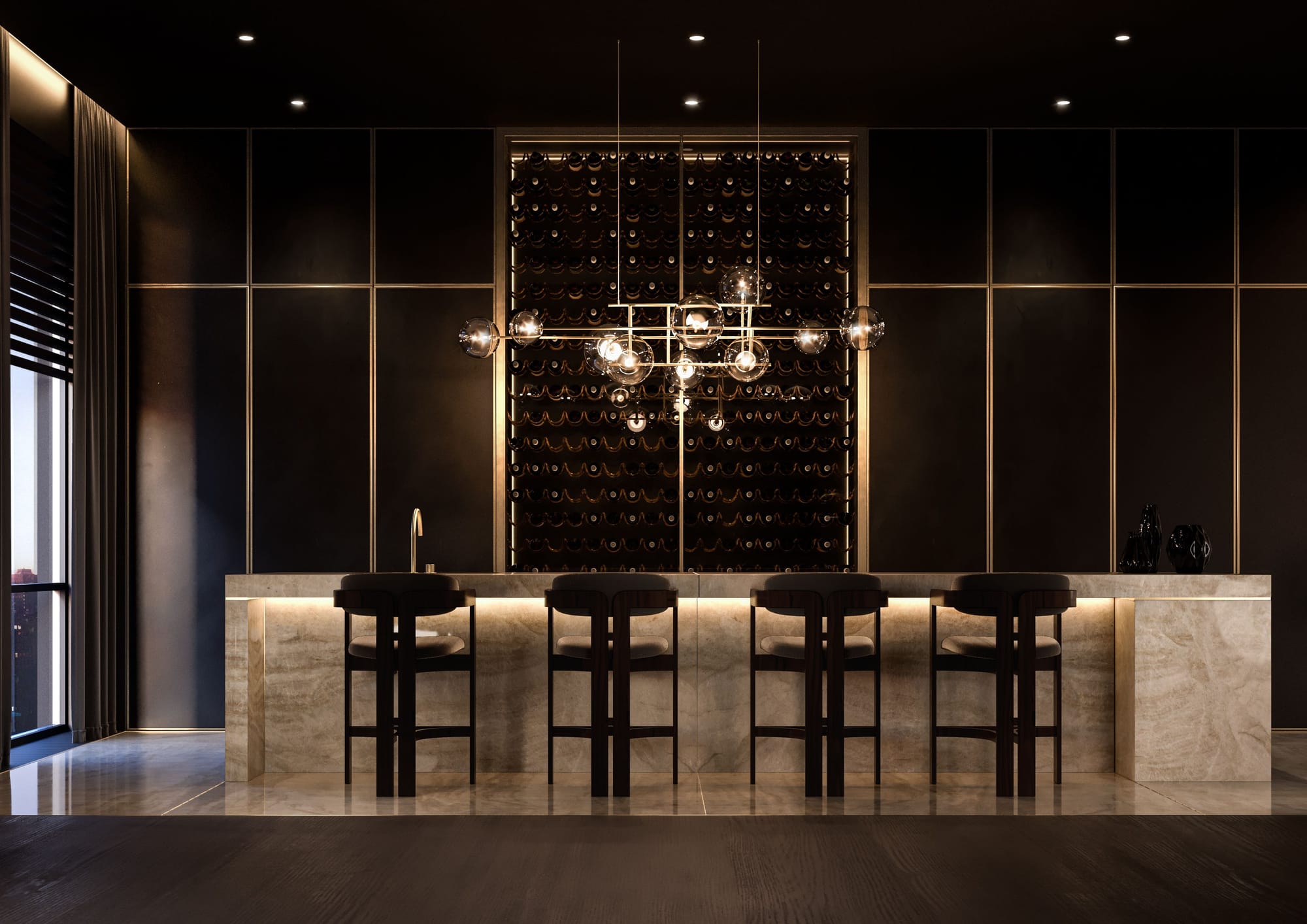 Rendering of a four-seater stone bar in a double-height loft-type space.