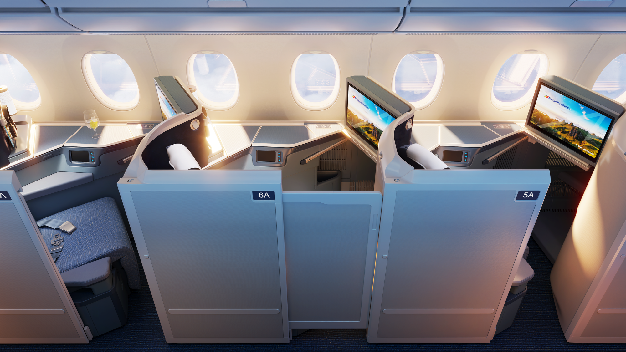 High-angled rendering of the business seat, showing that the side panels at the window do not block the windows off.