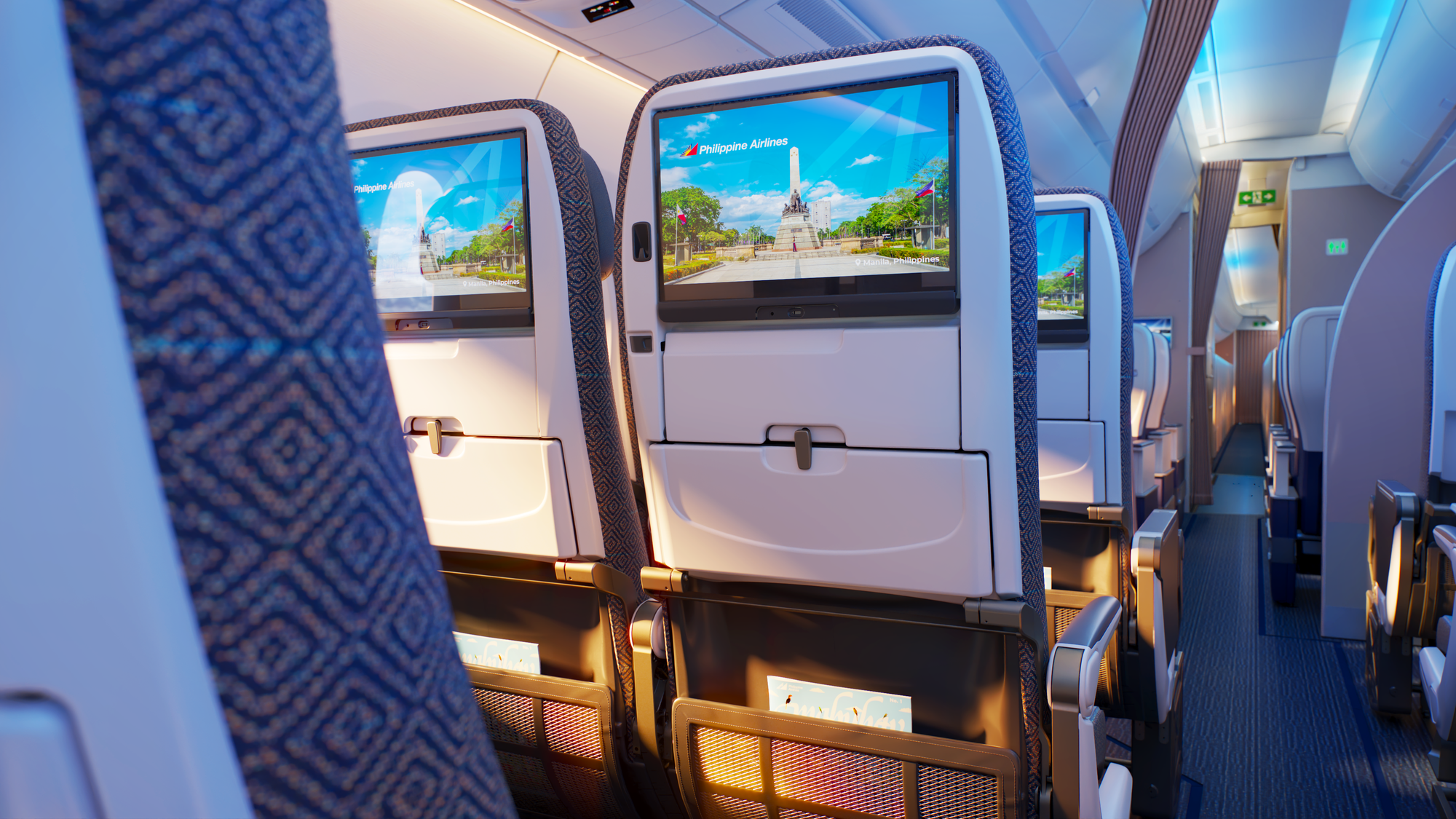 Economy class closeup, showing diamond patterns on the side of the seat.