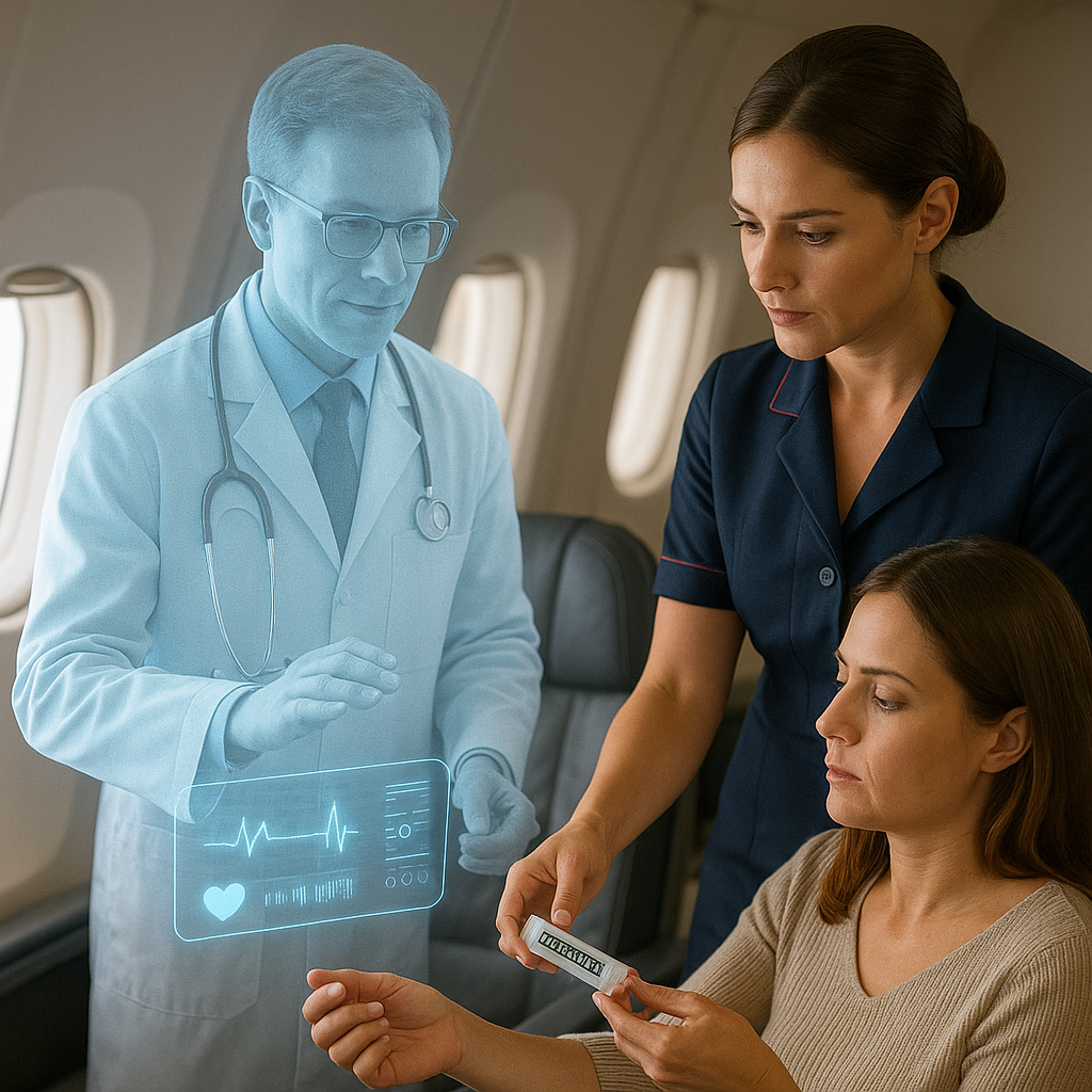 An obviously AI-generated image inside a clearly fake airline cabin. A ghostly blue figure dressed like a doctor is on the left with a floating screen with heart readings. On the right, a woman dressed like a stewardess stares into the middle distance while handing a small translucent white plastic box to a woman who appears to be a passenger. That passenger’s left hand has weird extra fingers.