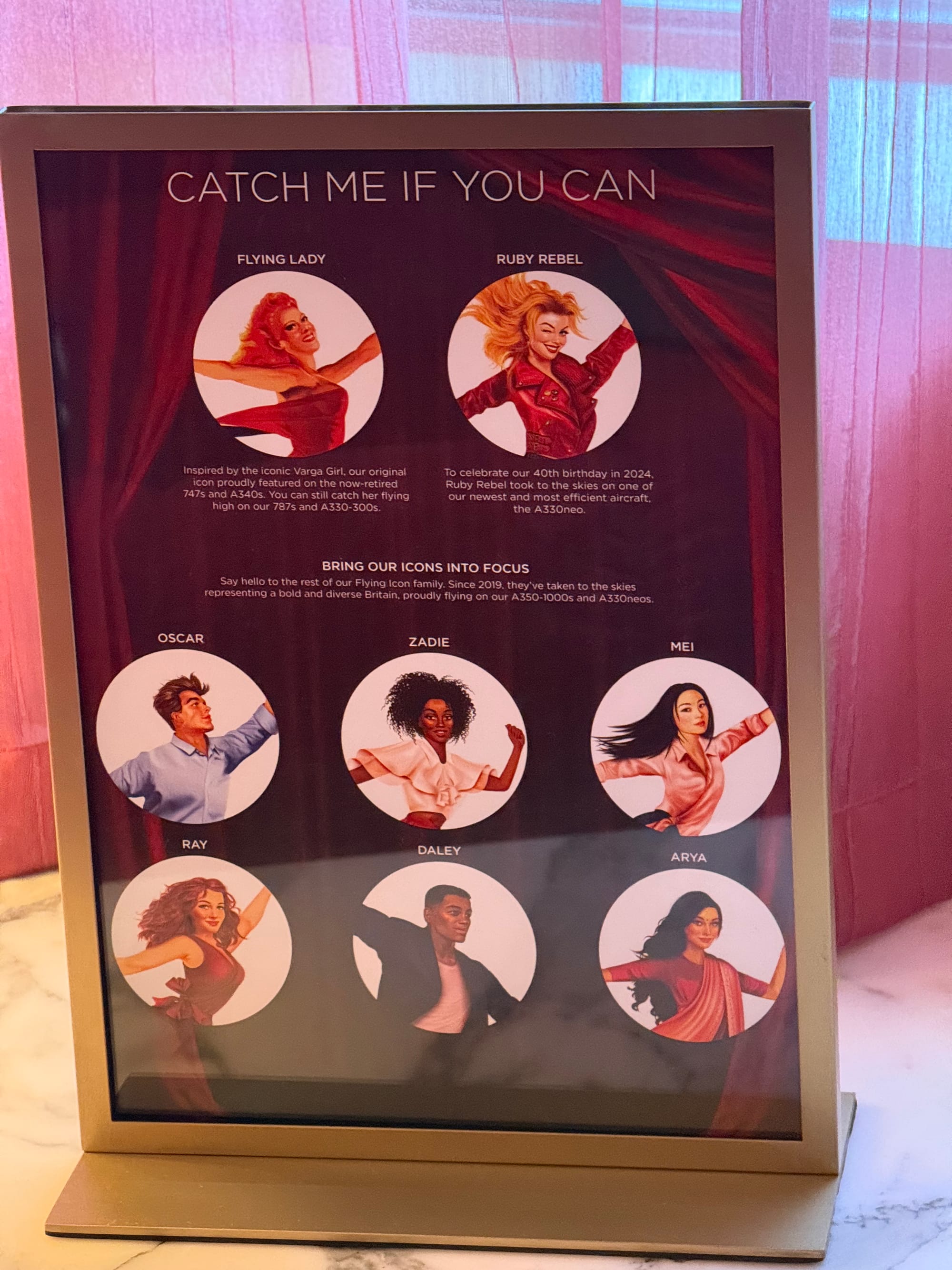 Framed A4 printout, titled “catch me if you can”, with the original and updated Flying Lady/Ruby Rebel flying icons, plus the modern and diverse six more recent ones.