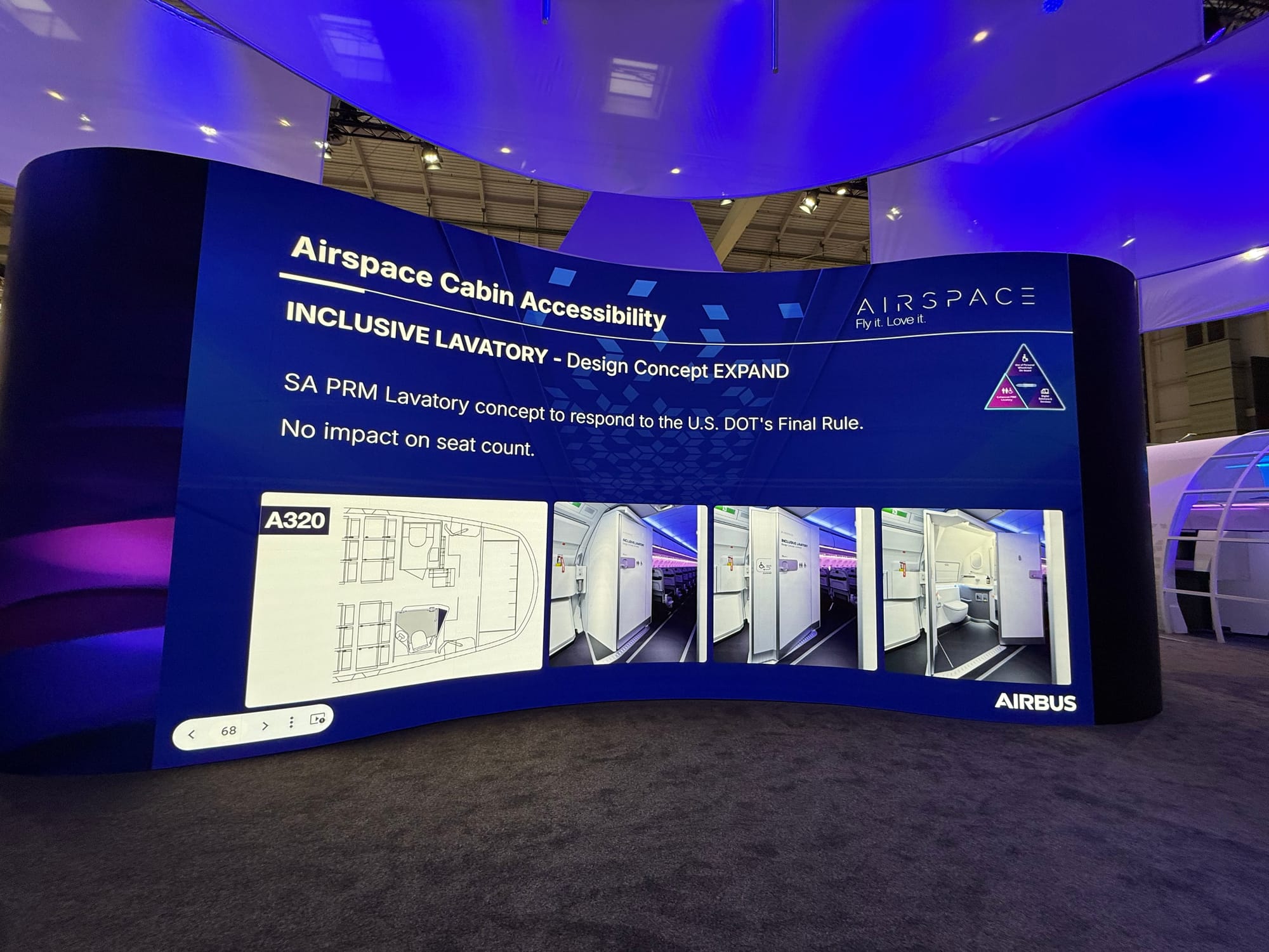 Photo of a presentation on an AIX stand. The “Airspace Cabin Accessibility” slide is showing “Inclusive lavatory - design concept Expand”, an “SA PRM Lavatory concept to respond to the U.S. DOT’s Final Rule. No impact on seat count”. Below is a LOPA section and three images that show a lavatory at the rear left door of an A320. The wall closest to the door swings outwards around 30cm/1ft to create a larger space within the lavatory.