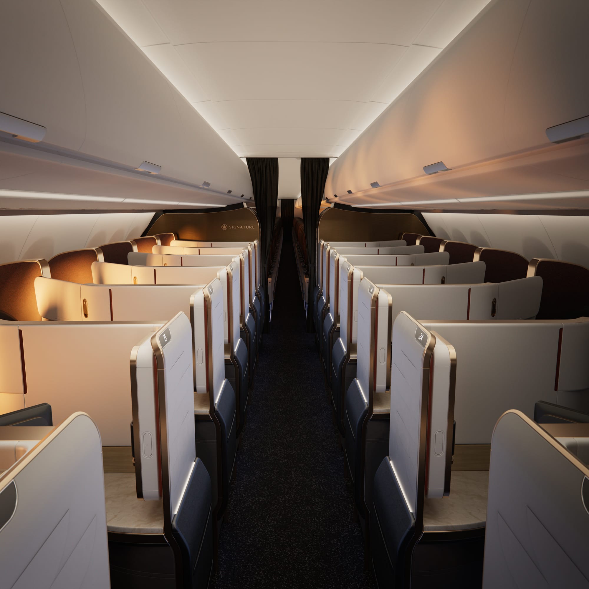 The A321XLR cabin looking back, which has a flat pair of rear bulkhead walls.