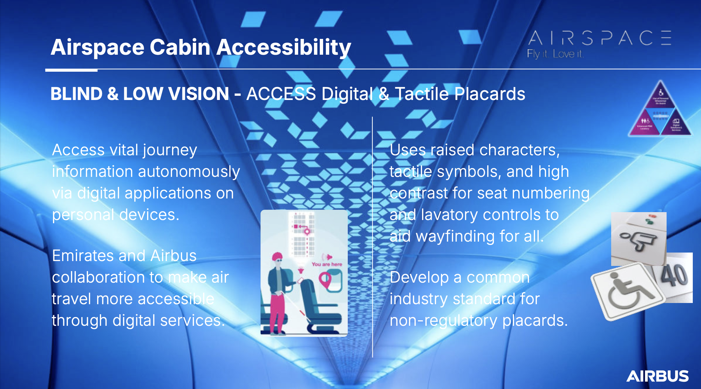 Airbus Slide. Headline: Airspace Cabin Accessibility. Sub-head: Blind & low vision: ACCESS digital & tactile placards.  Left-hand text: Access vital journey information autonomously via digital applications on personal devices. Emirates and Airbus collaboration to make air travel more accessible through digital services. [cartoon of person with white cane using a phone to find their seat]  Right-hand text: Uses raised characters, tactile symbols, and high contrast for seat numbering and lavatory controls to aid wayfinding for all. Develop a common industry standard for non-regulatory placards. [images of raised signage placards including a non-active wheelchair user, numbers, and person with arm outstretched]