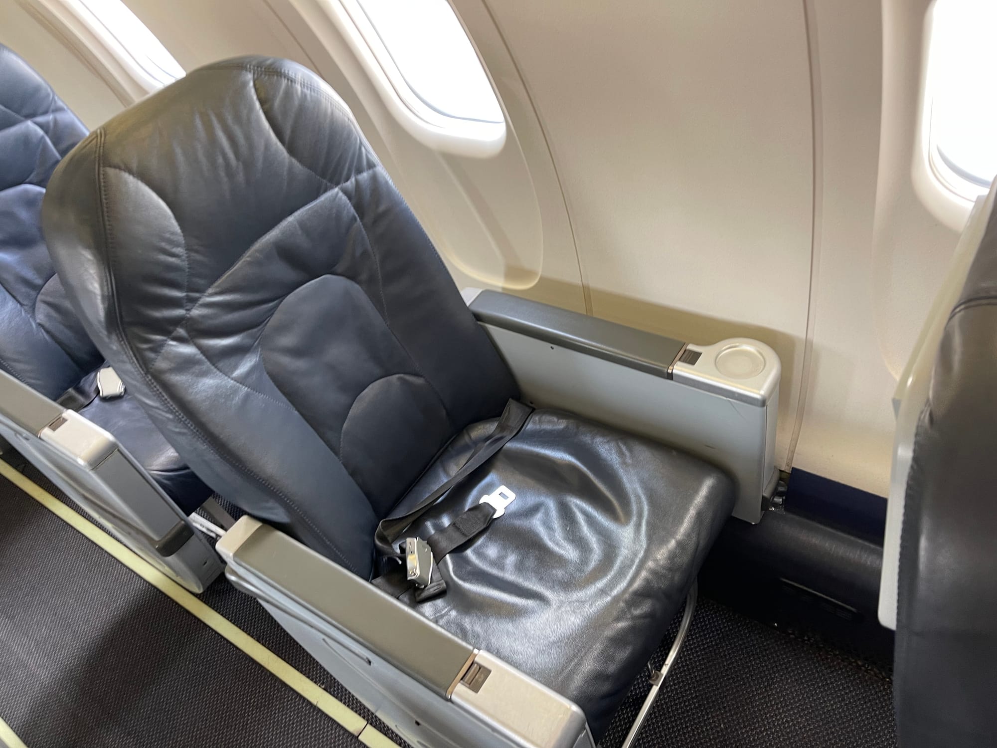 Interior, CRJ. A dark blue leather/leather effect seat cover and otherwise standard greige interior.
