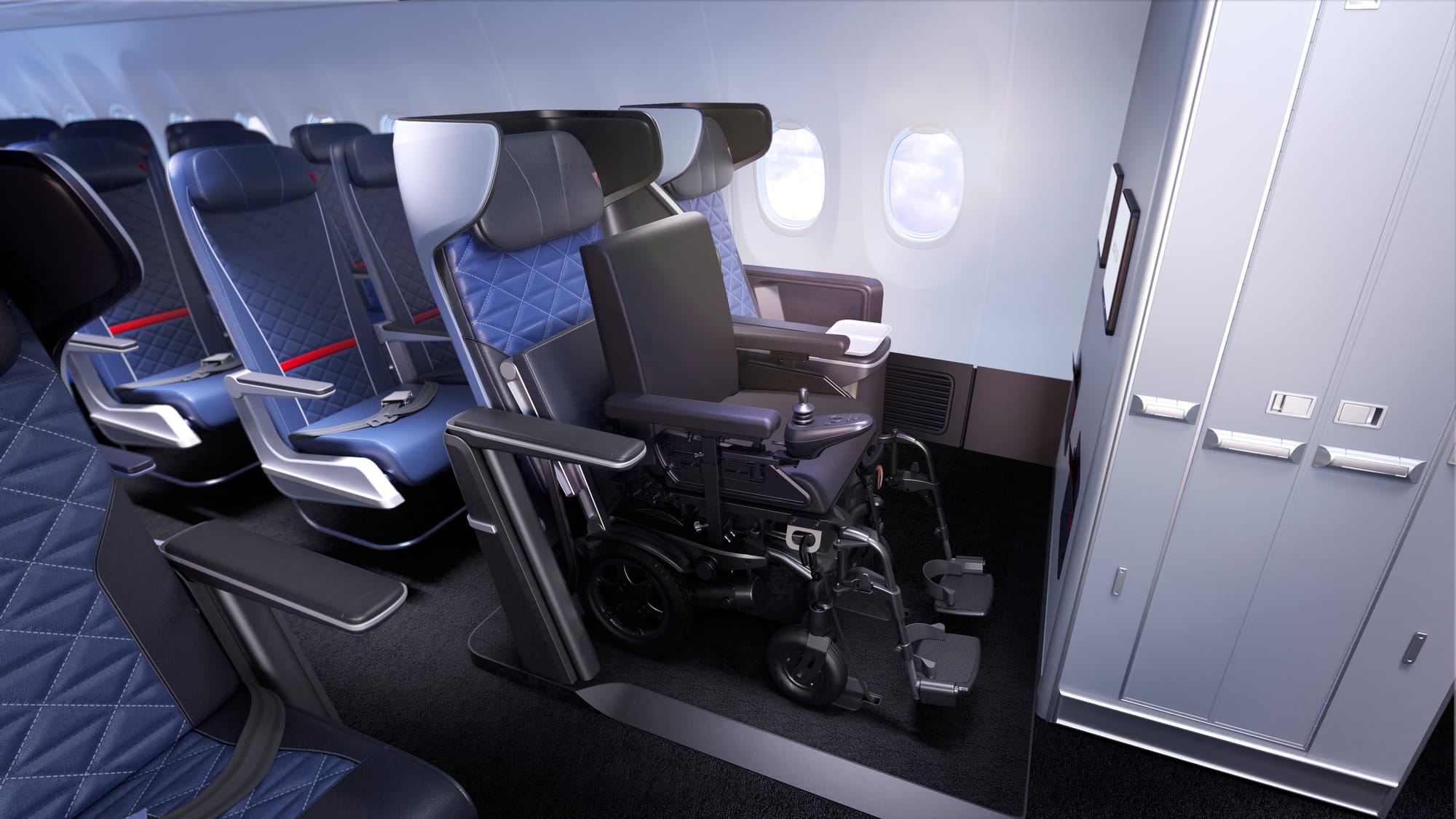 Rendering of the Air4All seat. A powered wheelchair is secured in front of a recliner seatback with tip-up seat pan, right behind a bulkhead.