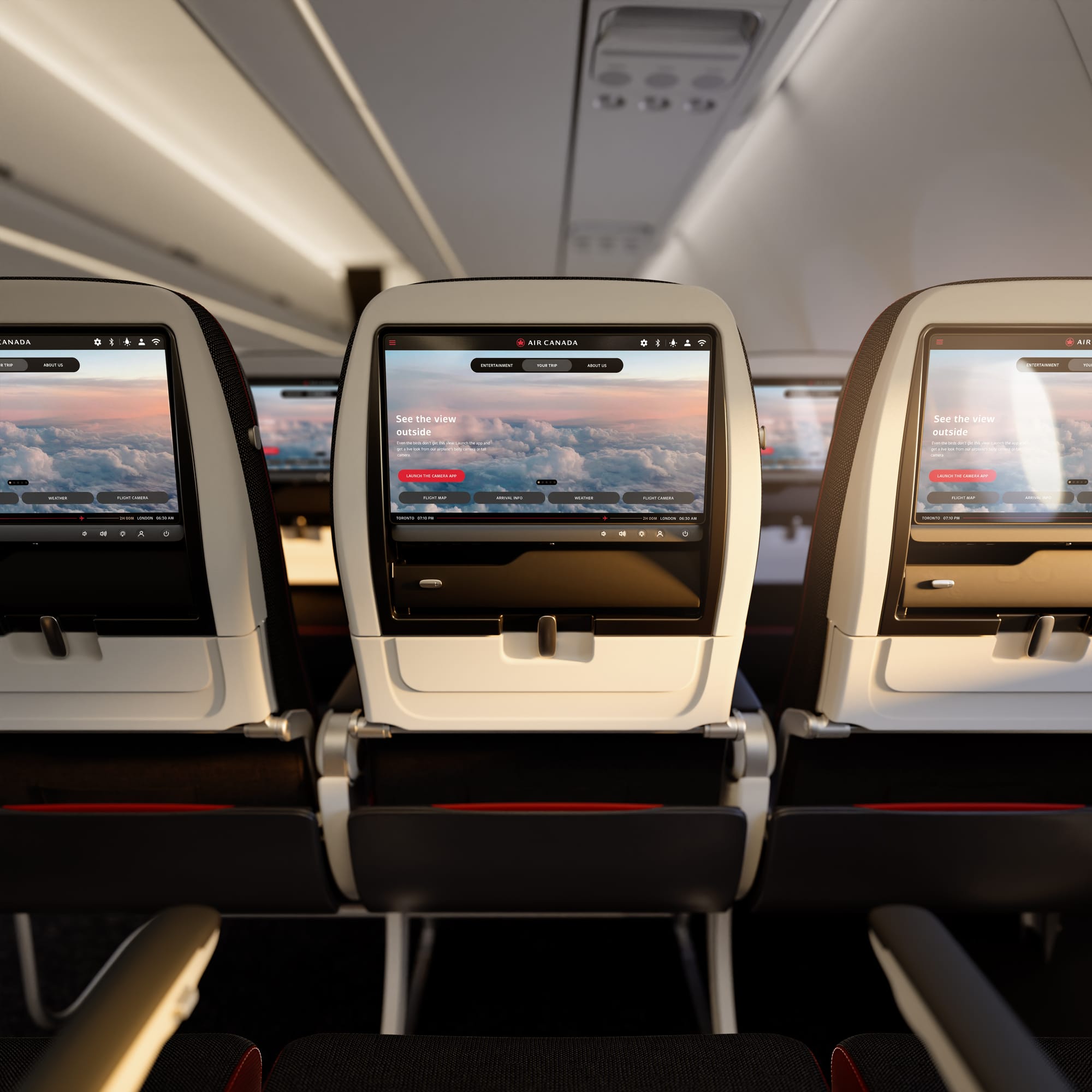 Looking forward at the economy class seats on the A321XLR, with a pop of red in the storage pocket and a big screen with the signature Astrova control bar underneath it.