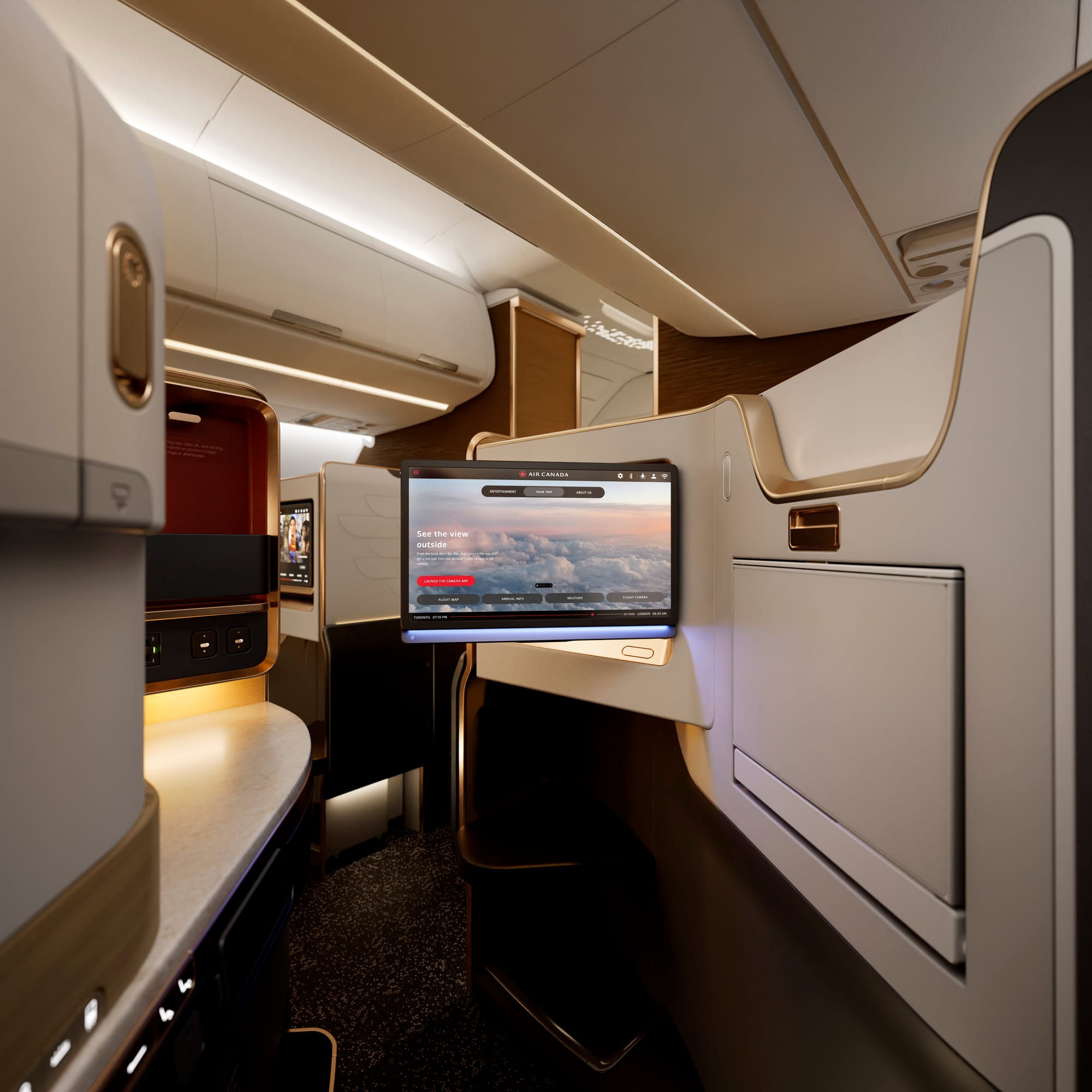 Closeup from seated position on the A321XLR seat. Lots of warm gold elements, deep reds, browns, and bronzes.