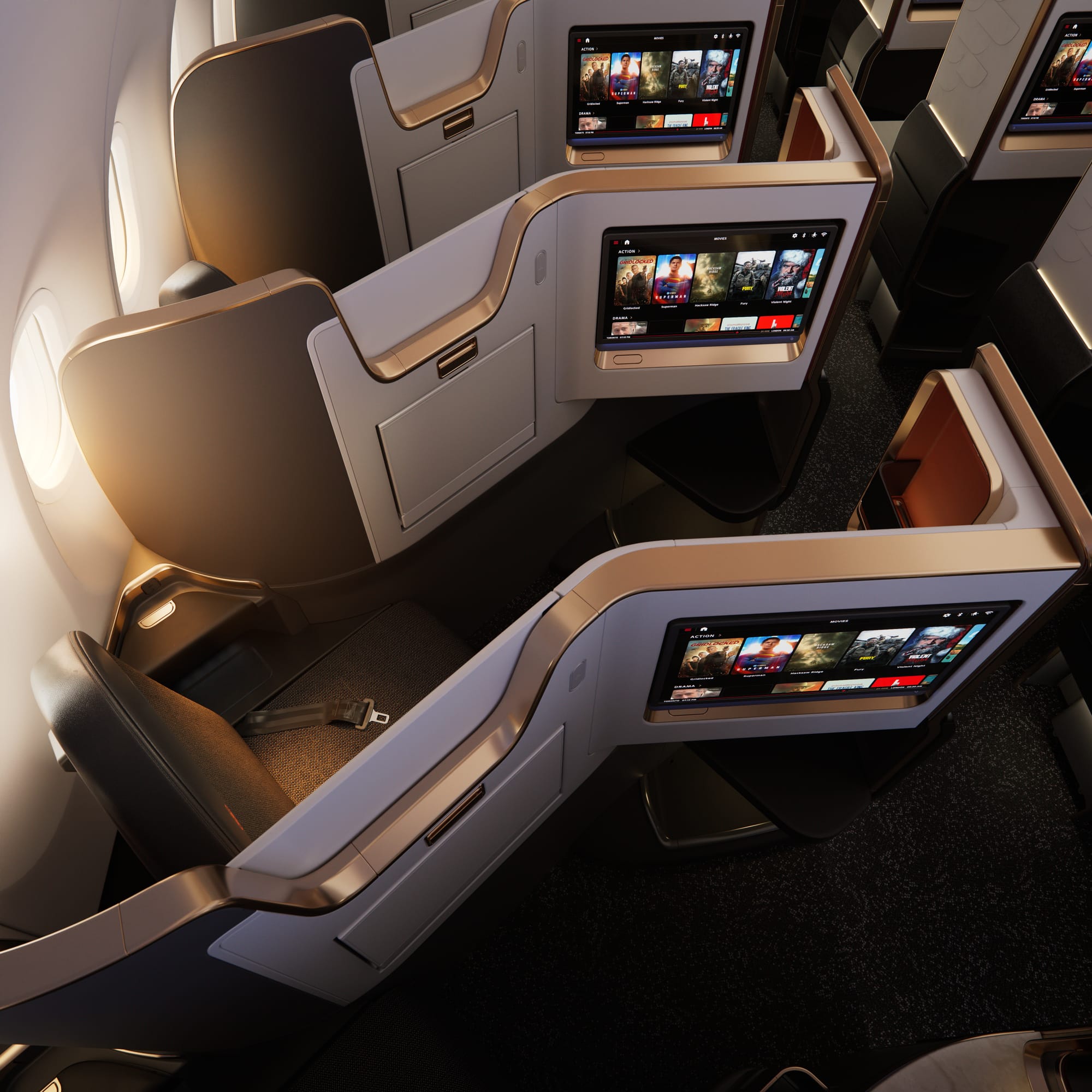 The A321XLR business cabin viewed from above, showing a variety of CMF elements.