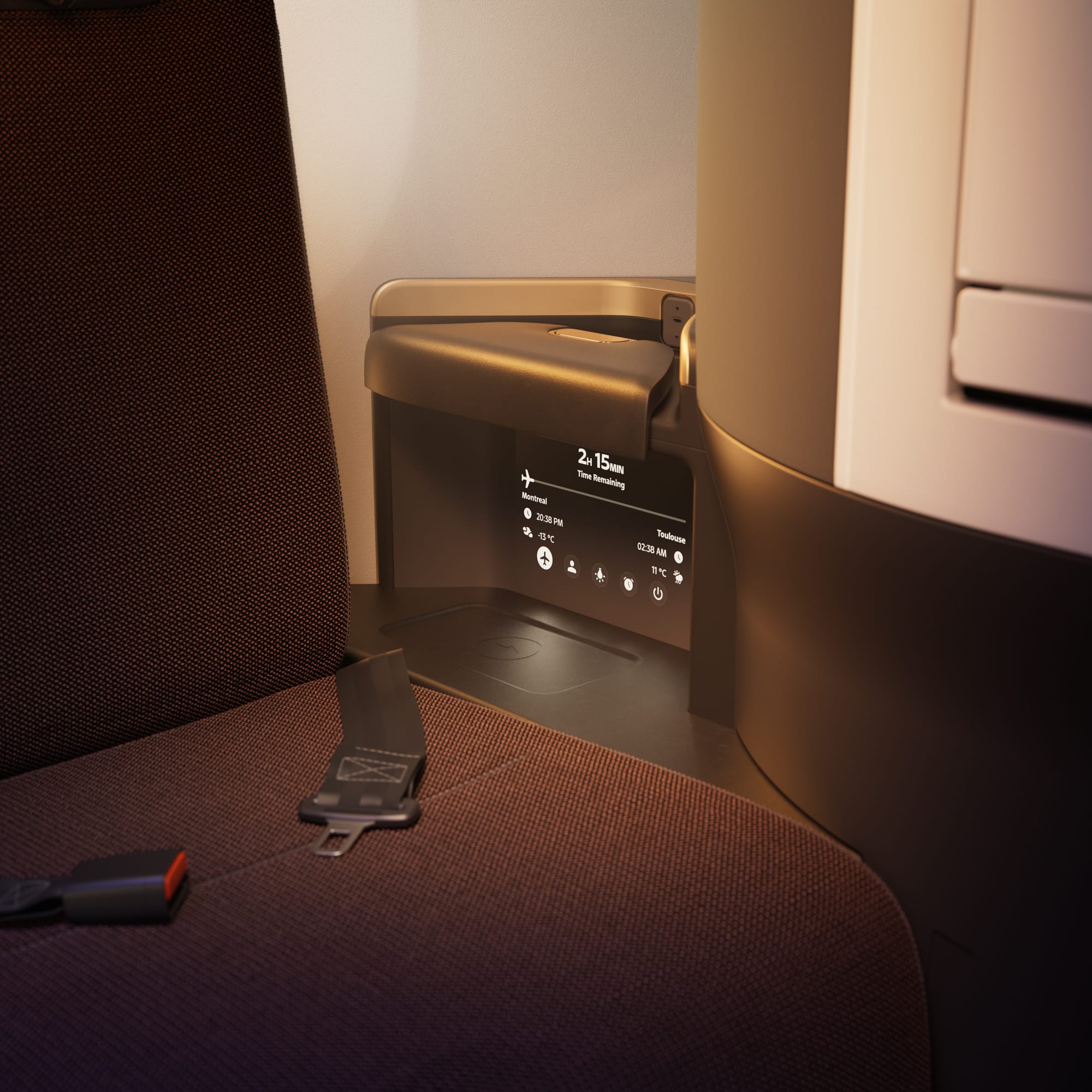 Closeup on the Collins Aurora Glowing Hearted seat, with a side control panel and a warmer, redder hue to the seat cover.