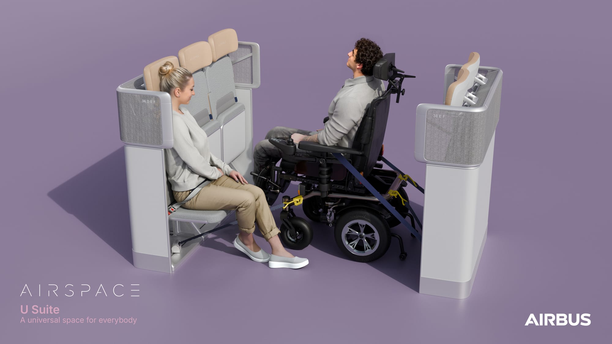 U suite mockup render. A man sits in a secured powered wheelchair. A woman sits in the aisle-side tip-up seat.