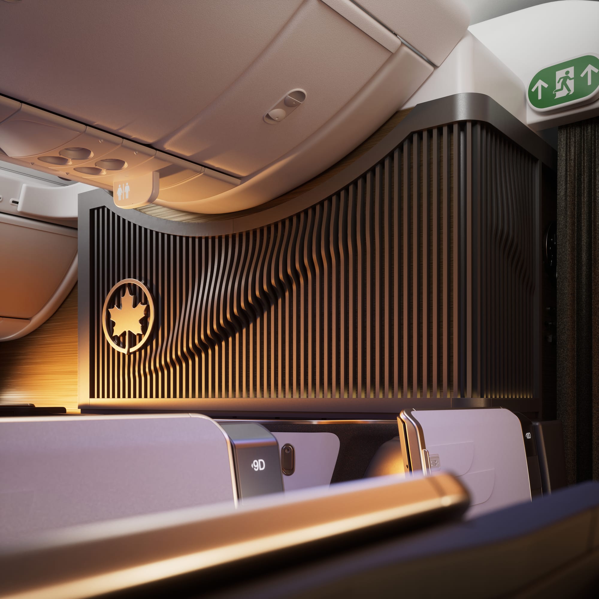 The rear bulkhead on the 787-10 business cabin, with vertical ribs in deep brown with a wave pattern across them.