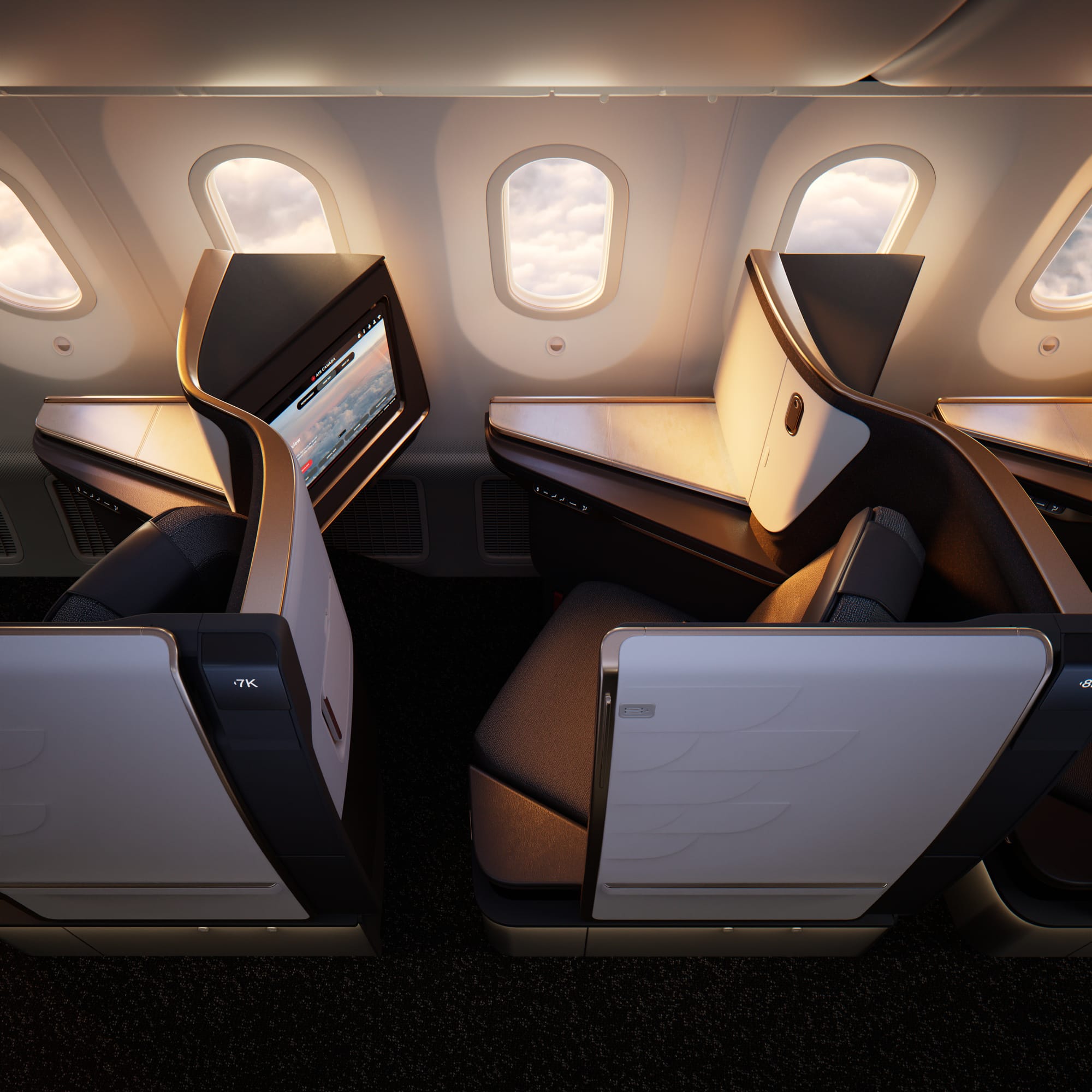 Looking down at the doored suite Elevate Ascent seat, in a warm naturals aesthetic.