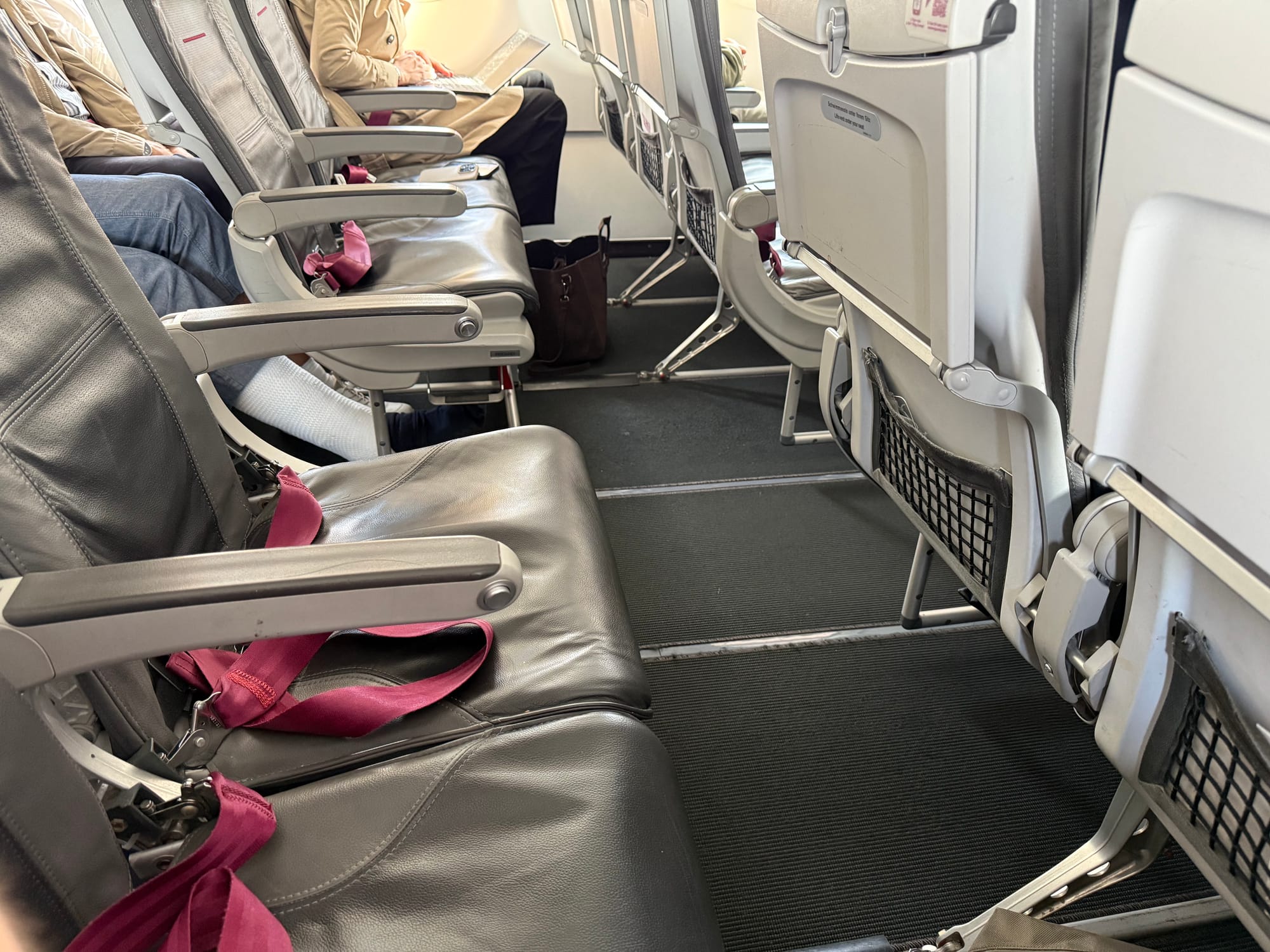 Grey slimline seats with decent legroom with seatbelts and trim accents in a magenta-like burgundy.