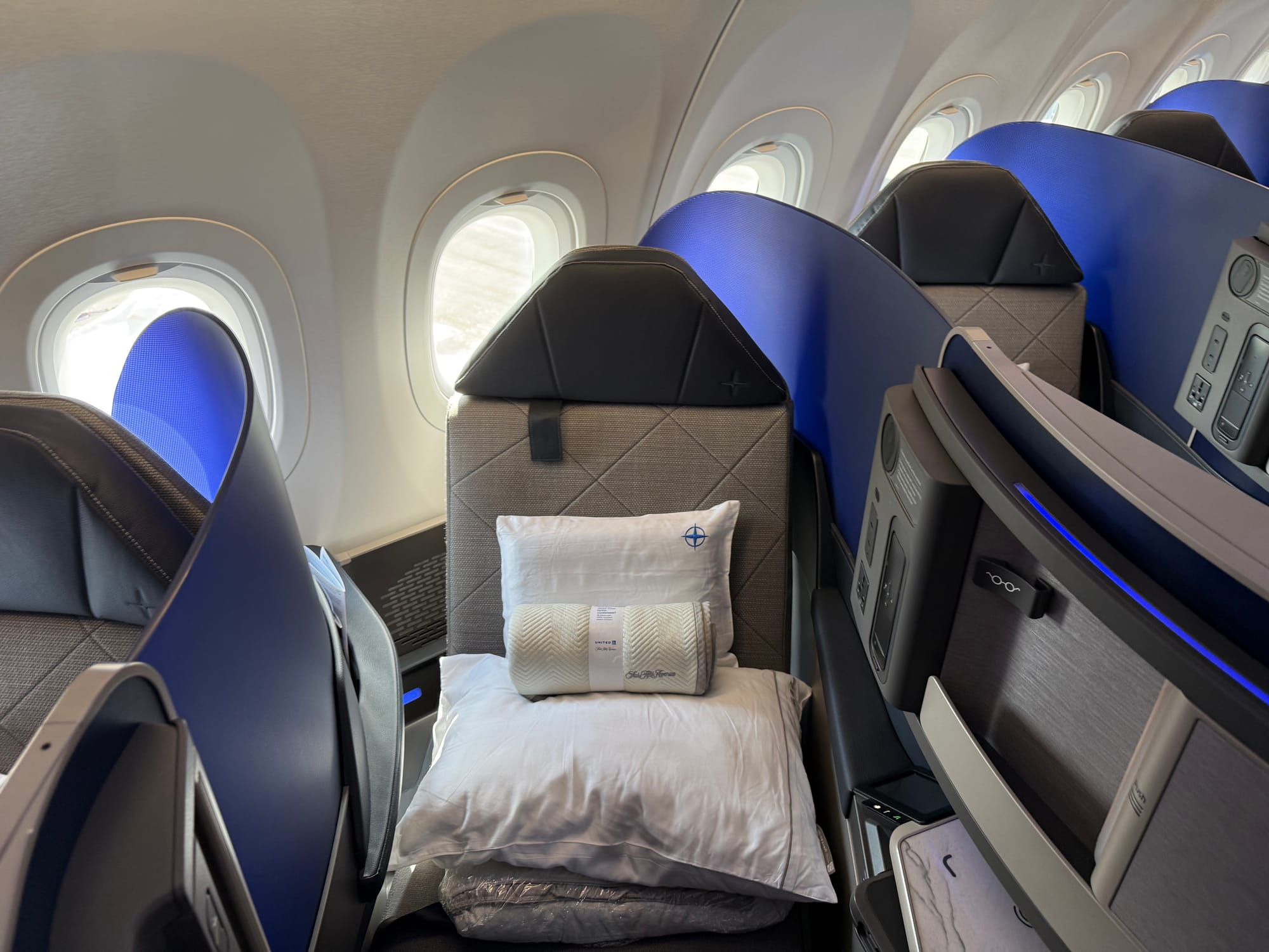 Closeup from above on a the same seats. There is a sweeping blue translucent divider between each seat.