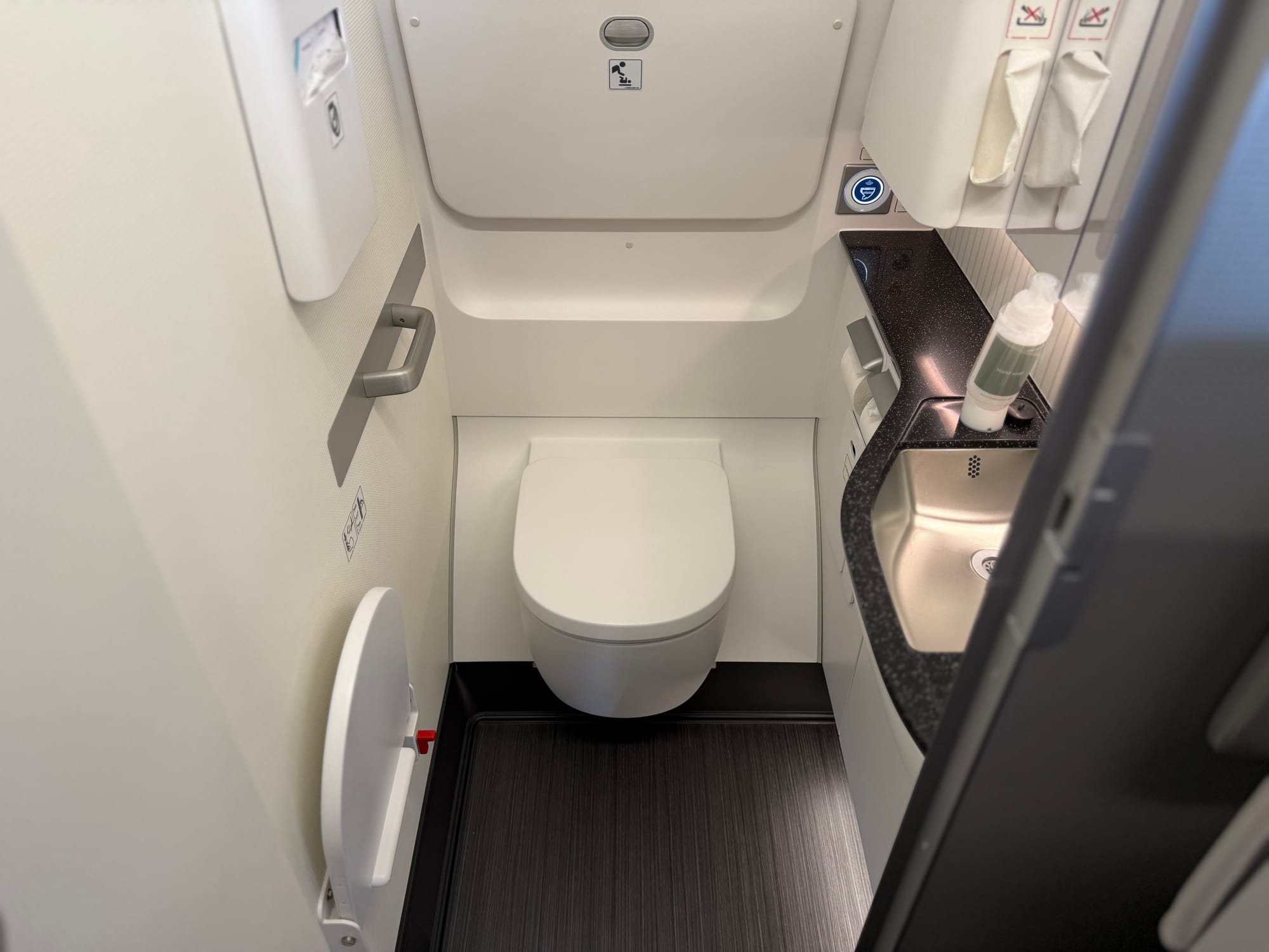 A regular-sized lavatory. It has a flip-down seat in front of the toilet, and a single grab-handle next to the toilet.