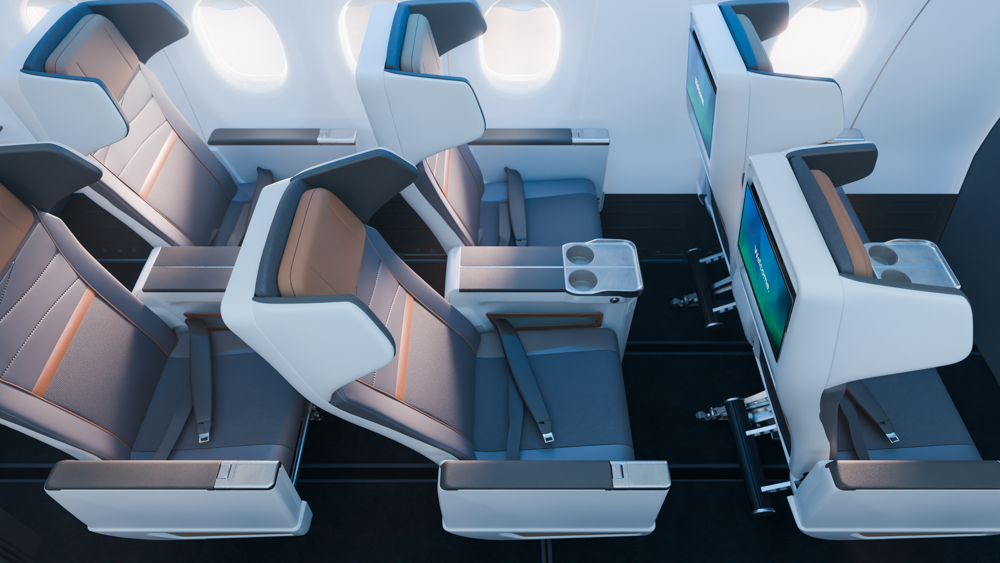 Rendering: Alaska 737 MAX 10, 2-2 premium economy seats in grey with brown accents, large winged headrest shrouds.
