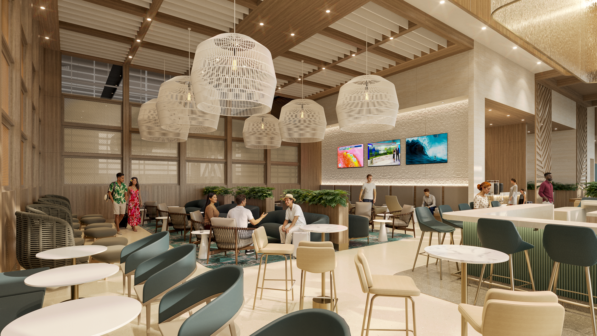 Rendering: Hawaiian Honolulu lounge, double height, large hanging lights, teal accents.