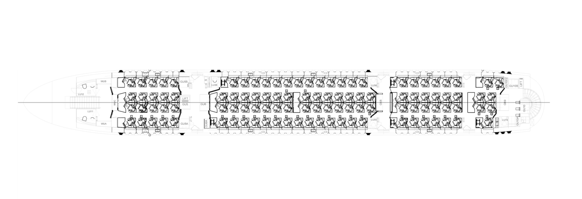 A monochrome blueprint diagram of BA’s A380 upper deck, featuring all business class herringbone seats facing away from the aisle in four cabins ranging from two to more than a dozen seats.