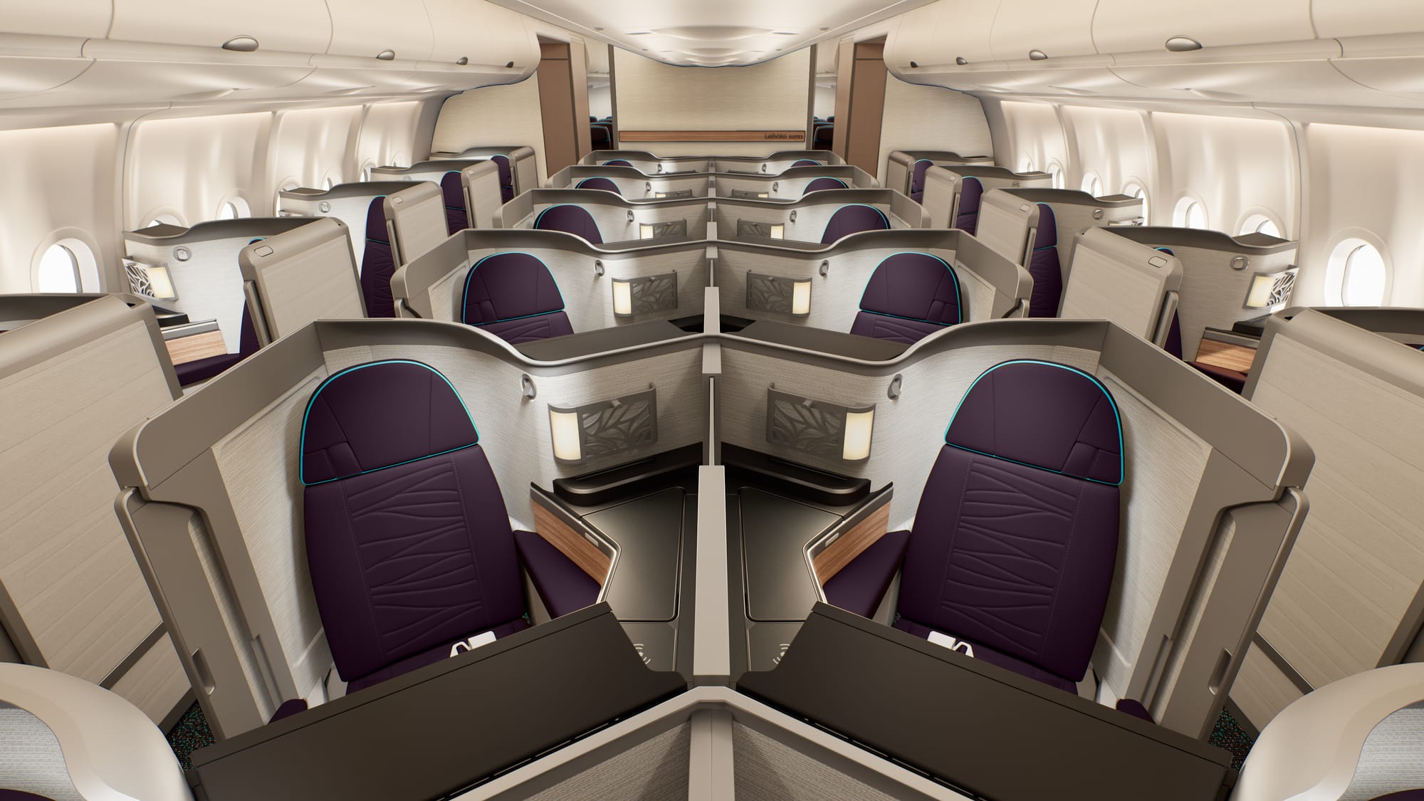 Rendering: Hawaiian A330, Collins doored suite herringbones facing away from the aisle. Greige neutrals, with deep purple seat cover and armrest with turquoise piping around the headrest.