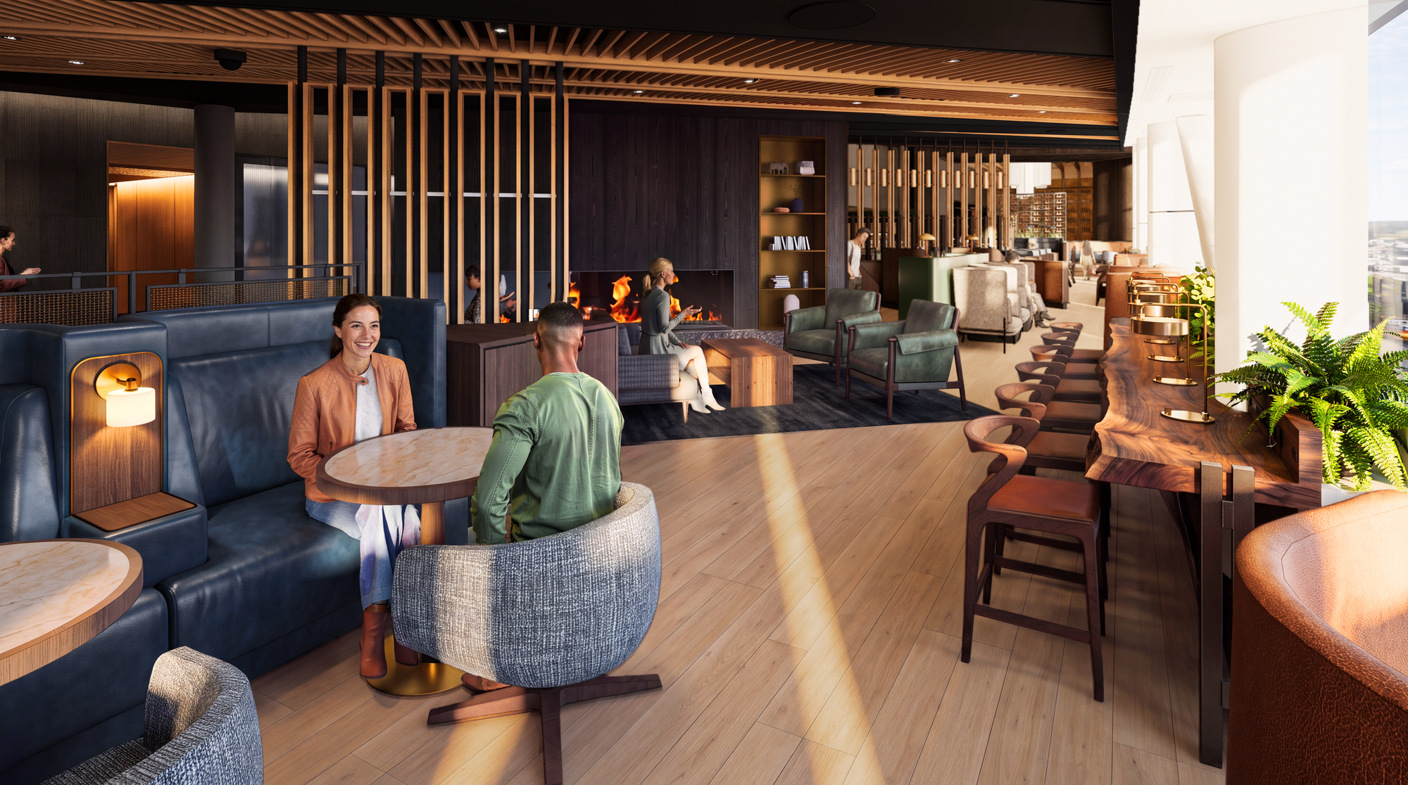 Rendering: Alaska Aurora lounge, dark neutrals apart from a light window and light brown wood-effect floor, lots of midcentury modern furniture, teal accents