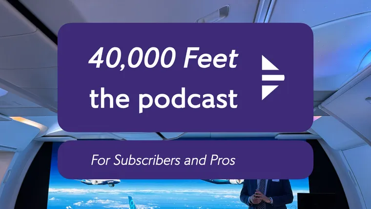 Inside the Boeing 777X mockup, with the podcast logo