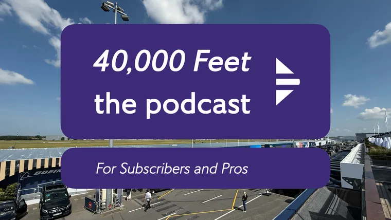 A photo down Chalet Row at Le Bourget, with the podcast logo on top.